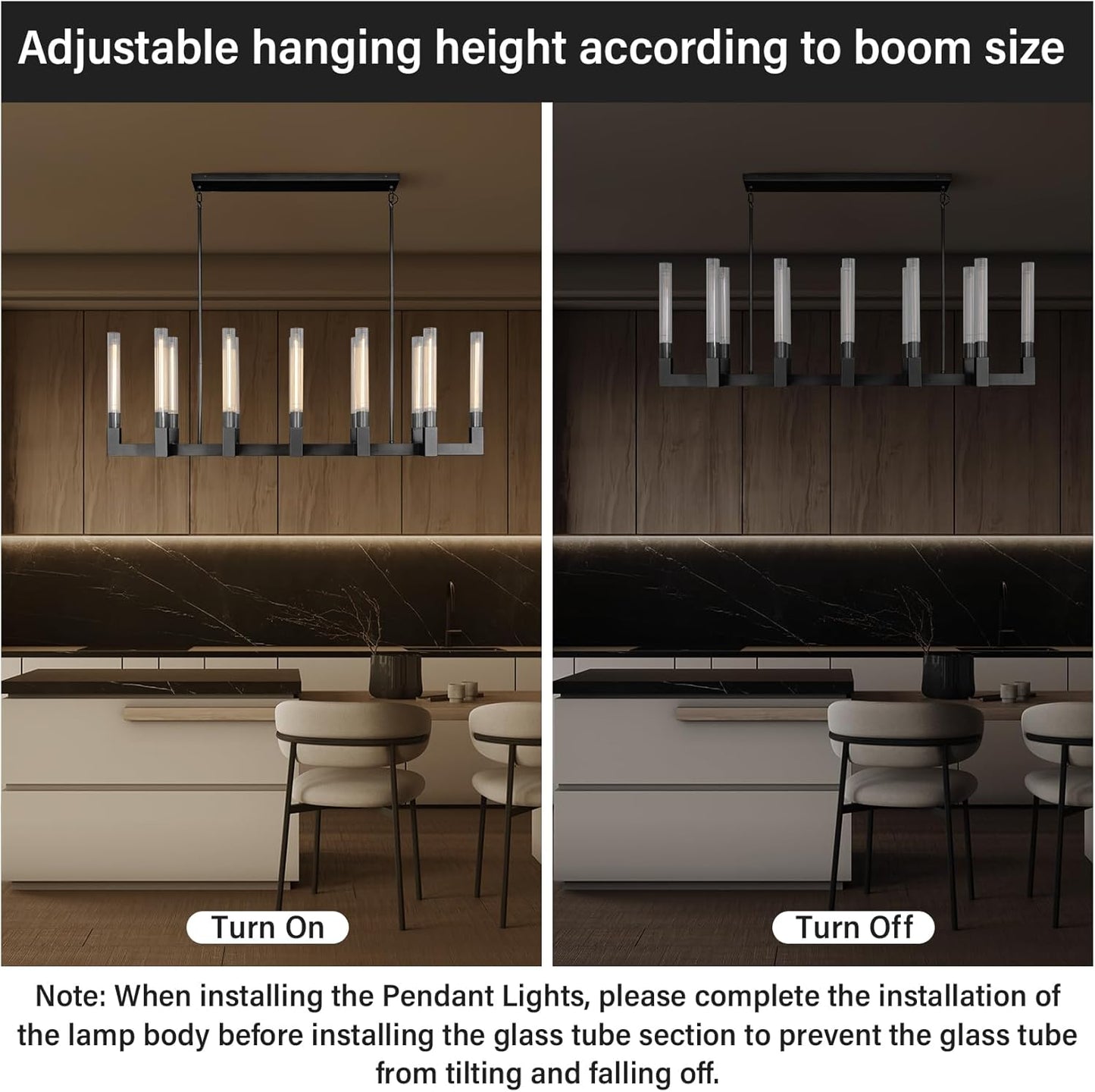 12-Light Black Candlestick Chandelier, Modern Chandelier with Glass Shade, Retangular Luxurious Ceiling Pendant Light