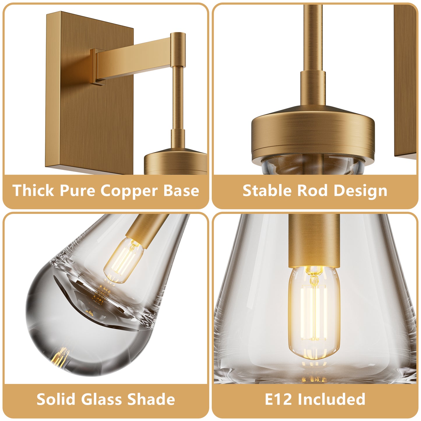 17.7 in. 1-Light Gold Wall Sconce, Raindrop Wall Lighting with Hand Blown Solid Glass, Brass Base and Rod (2-Sets)