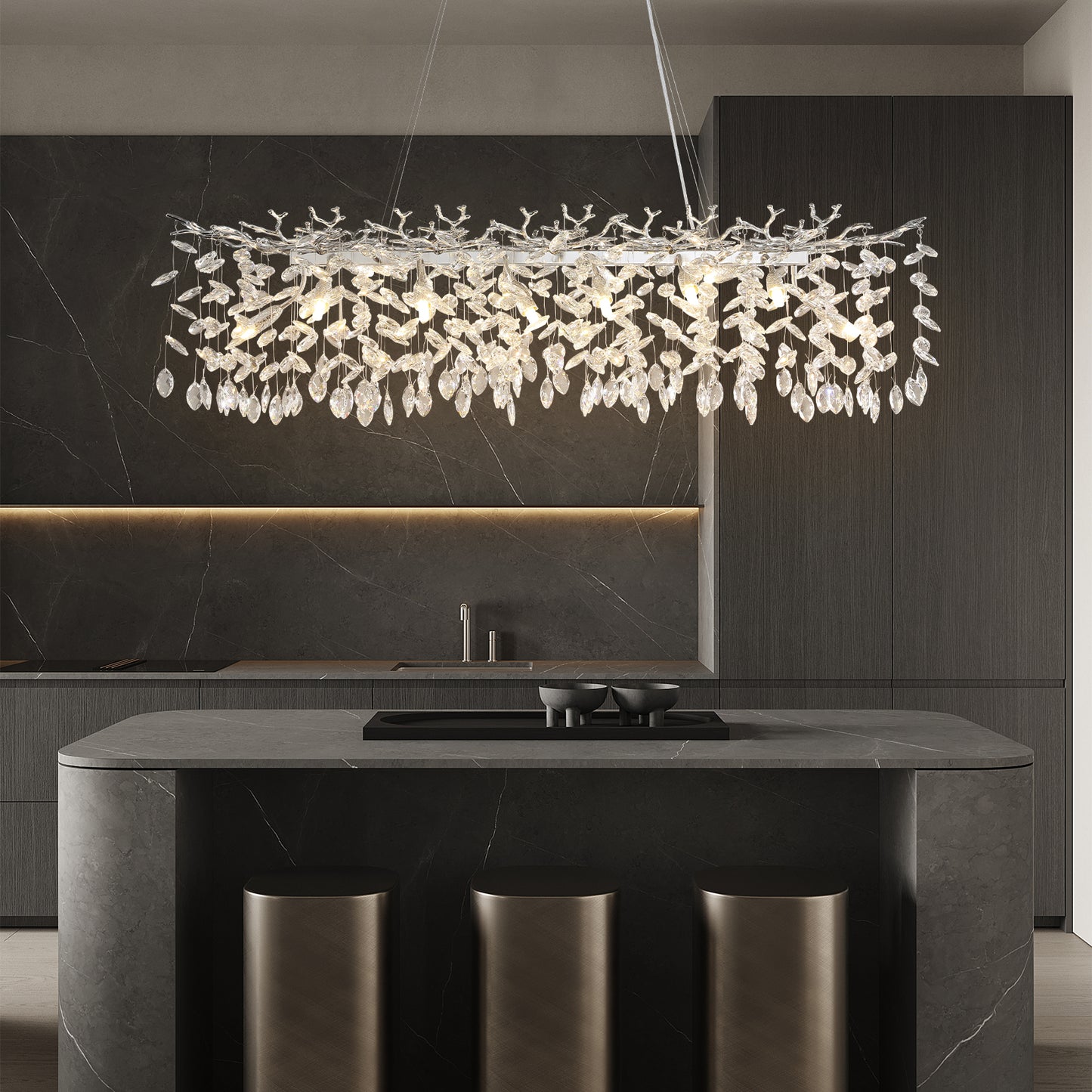 Modern Chandelier 70.8 in.20-Lights Silver Luxury Crystal Linear Chandelier for Dinning Room, Kitchen Island, Foyer