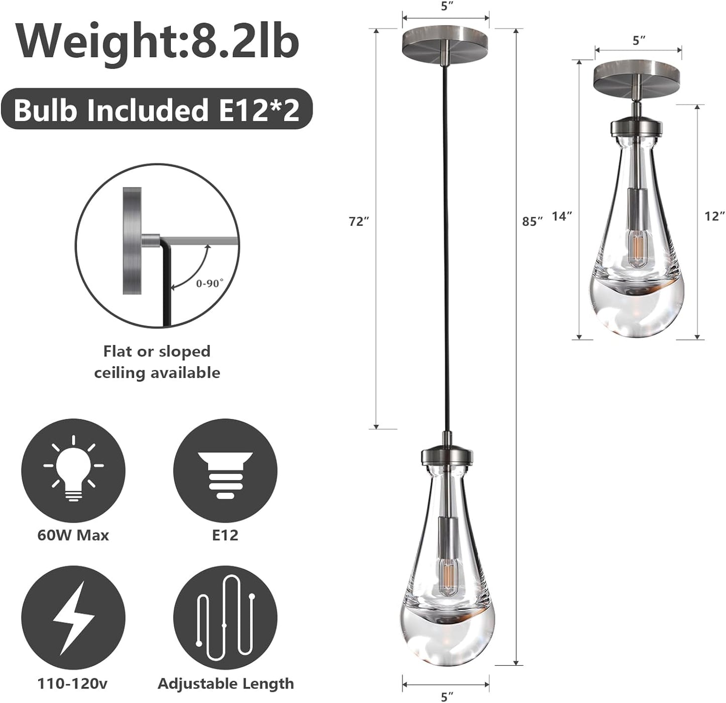 1-Light Modern Silver Chandelier, Pendant Light Kitchen Island with Raindrop Glass Shade (2-Sets)