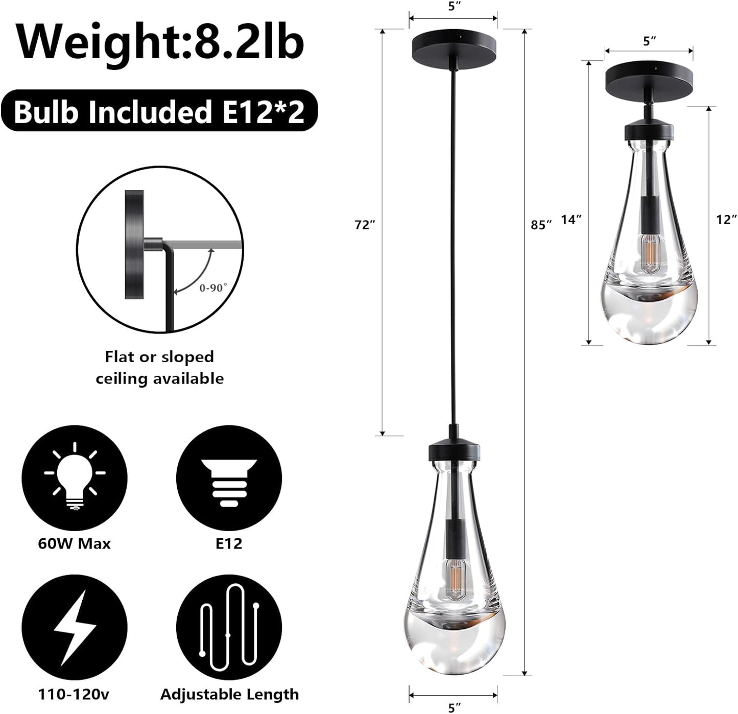 1-Light Modern Black Chandelier, Pendant Light Kitchen Island with Raindrop Glass Shade, (2-Sets)