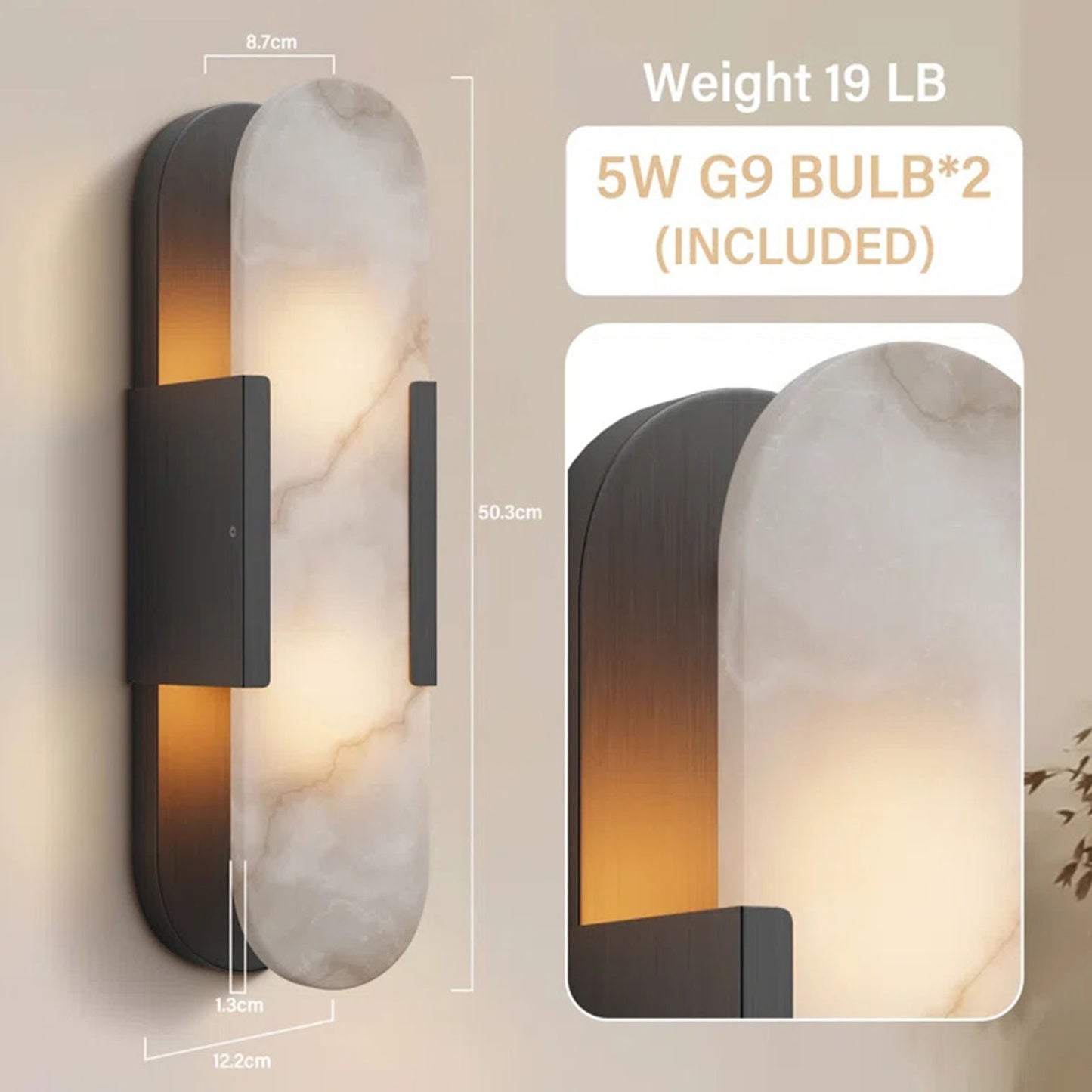 19.8 in. 2-Light Alabaster Black Wall Sconce, Natural Marble Wall Light for Living Room, Dining Room, Bedroom (2-Sets)
