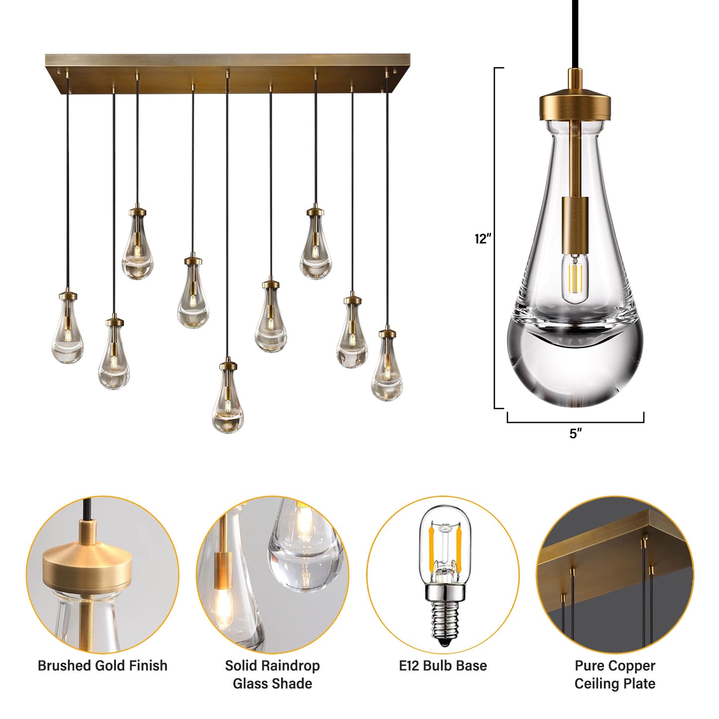 9-Light Gold Raindrop Chandelier, Modern Glass Pendant Light for Living Room, Kitchen Island, Bulb Included