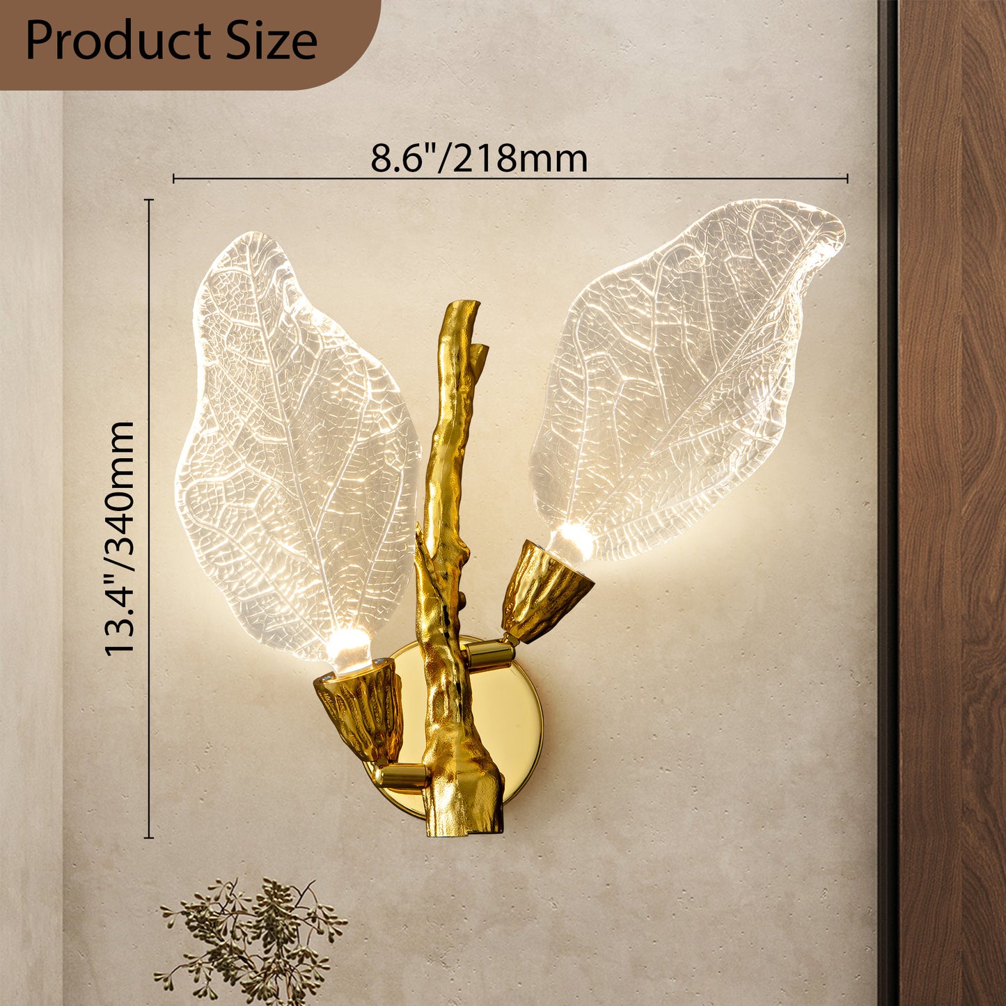 2-Light Gold Bionic Leaf Wall Sconce, LED Vanity Lighting Fixtures for Bathroom Hallway, Living Room, Stairs