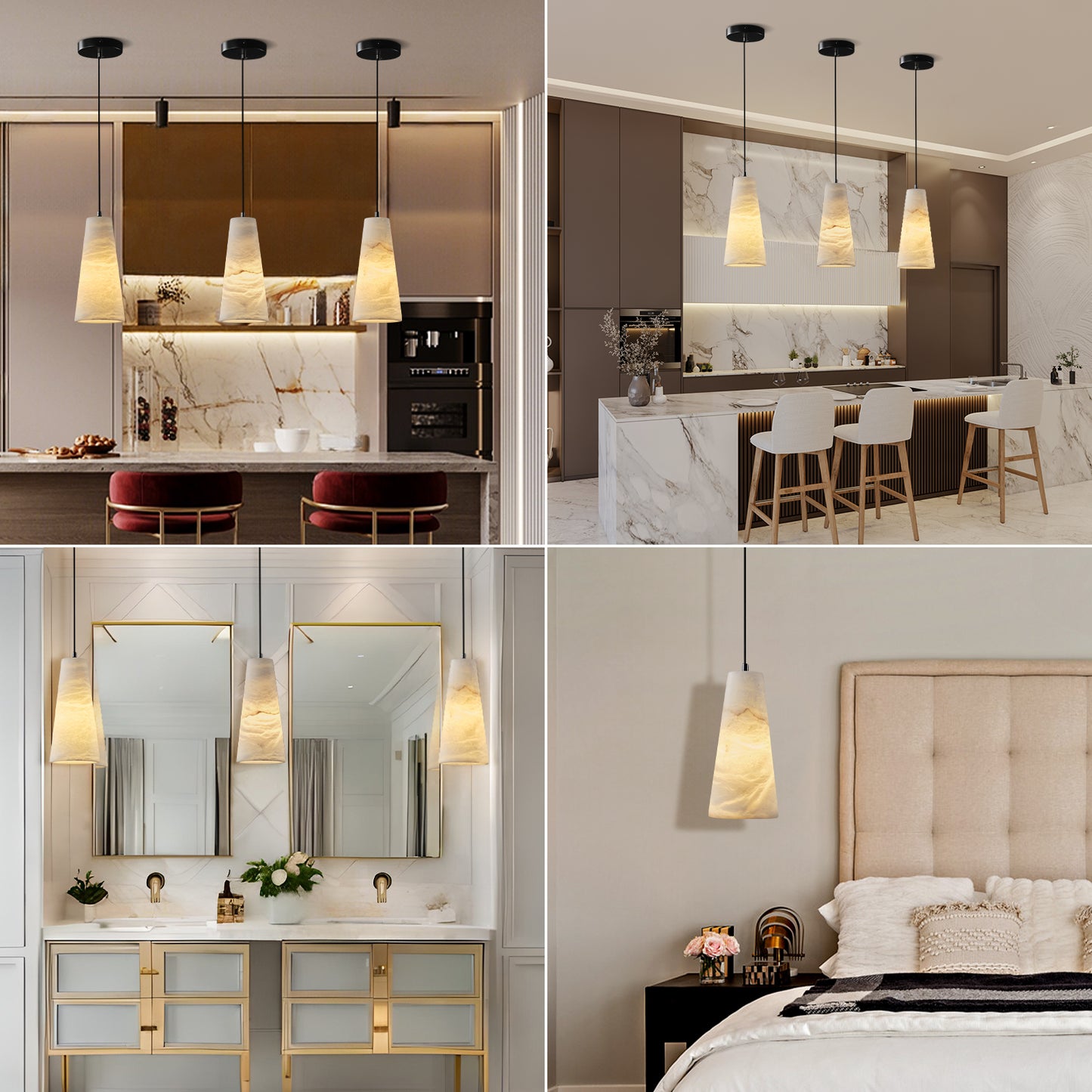 1-Light Black Pendant Light, Conical Natural Alabaster Shade Pendant Light for Dining Room, Kitchen Island Bulb Included
