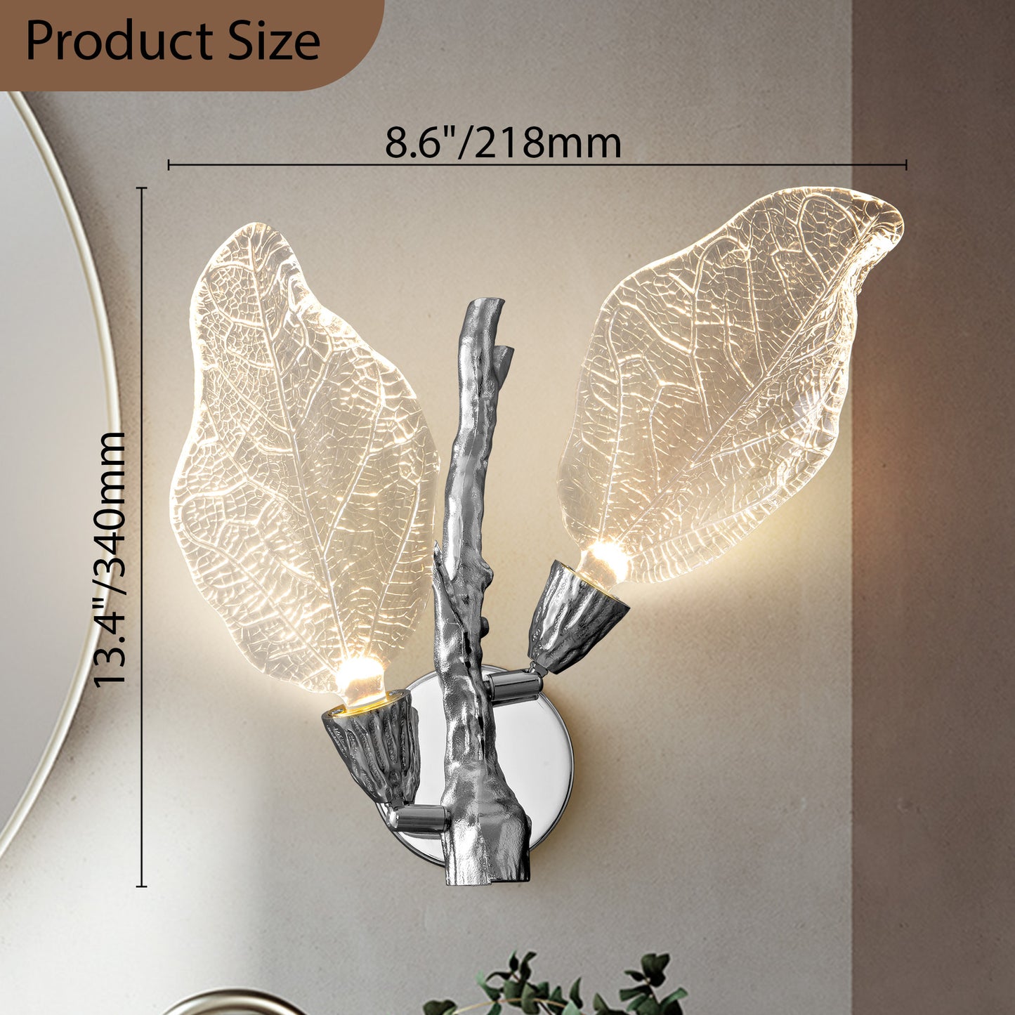 2-Light Silver Bionic Leaf Wall Sconce, LED Vanity Lighting Fixtures for Bathroom Hallway, Living Room, Stairs