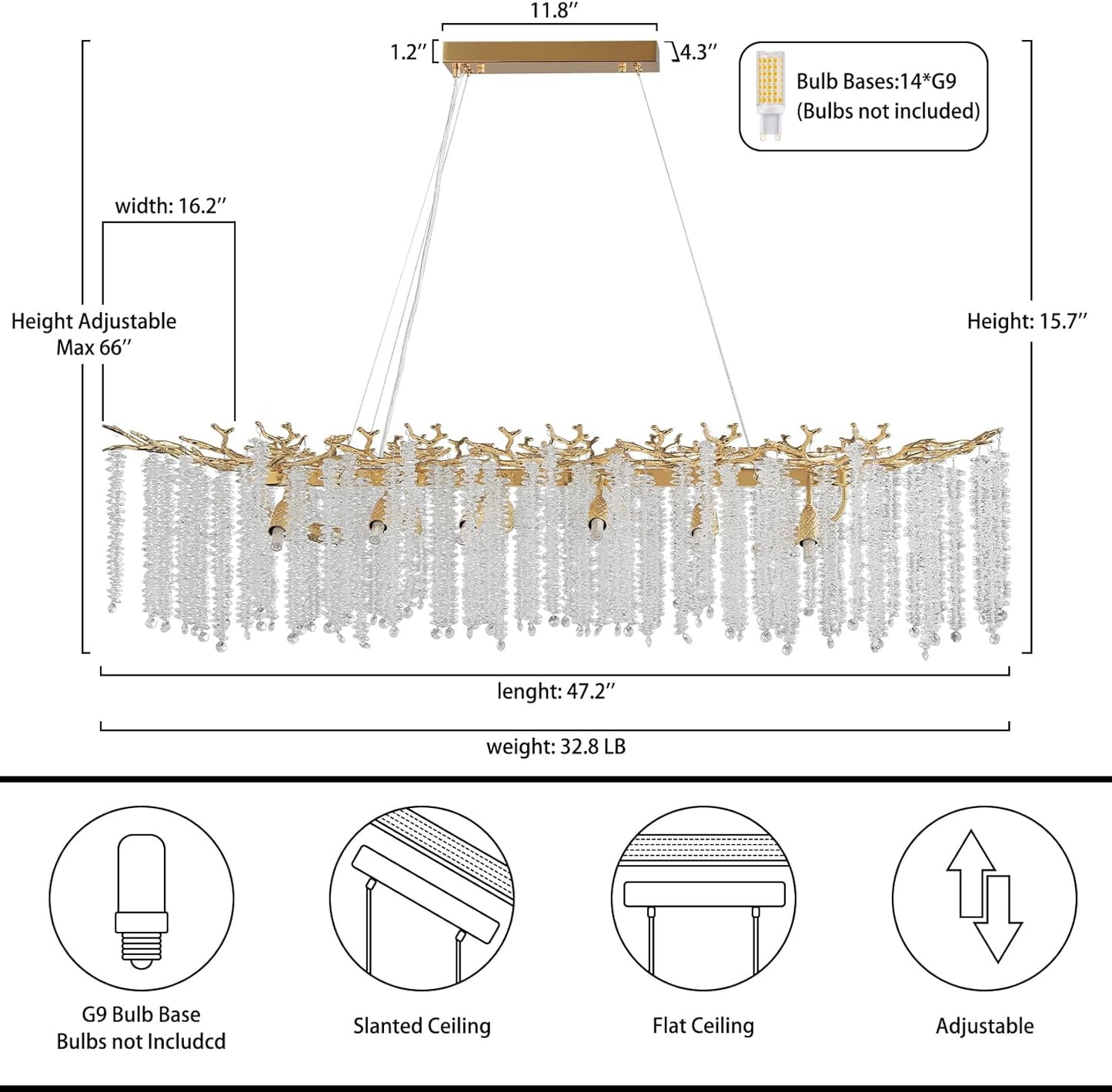 14-Light Gold Chandelier, Luxury Flush Mount Chandelier with K9 Crystal, for Dining Room, Living Room, Kitchen and Foyer