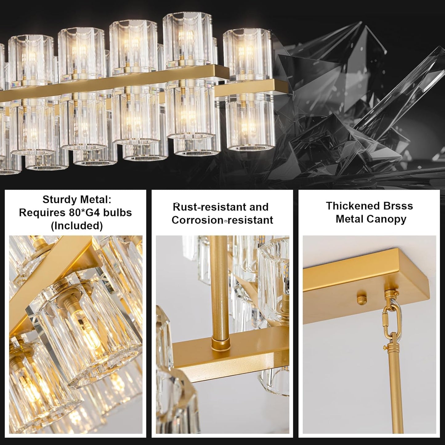 80-Light Gold Rectangular Chandelier, 72 in. Modern K9 Crystal Chandelier for Dining Room, Living Room, Foyer