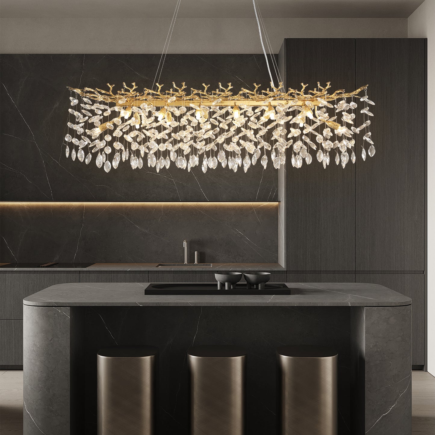 Modern Chandelier 60 in.16-Lights Gold Luxury Crystal Linear Chandelier for Dinning Room, Kitchen Island, Foyer, Bedroom