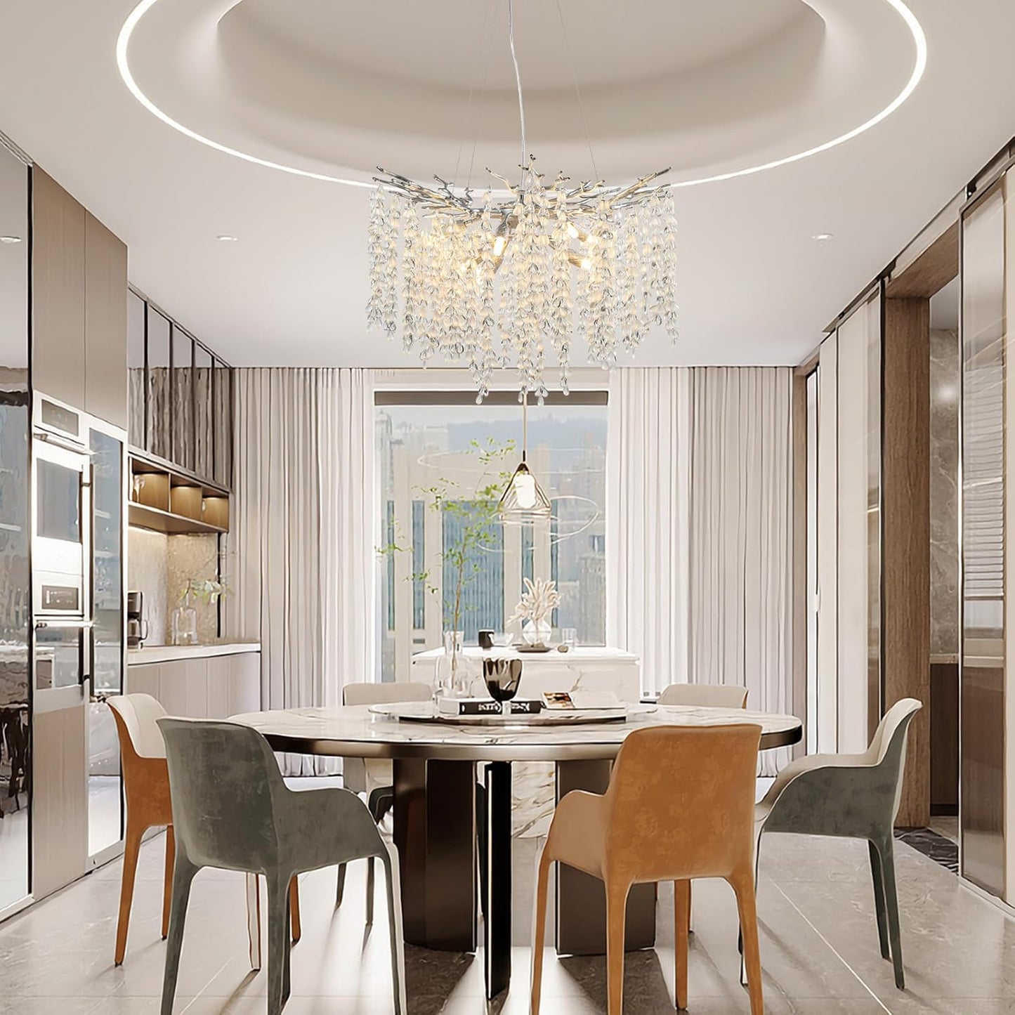 24" 8-Light Modern Crystal Chandelier Silver Tree Branch Round Chandelier for Dining Room Living Room Bedroom, Entryway