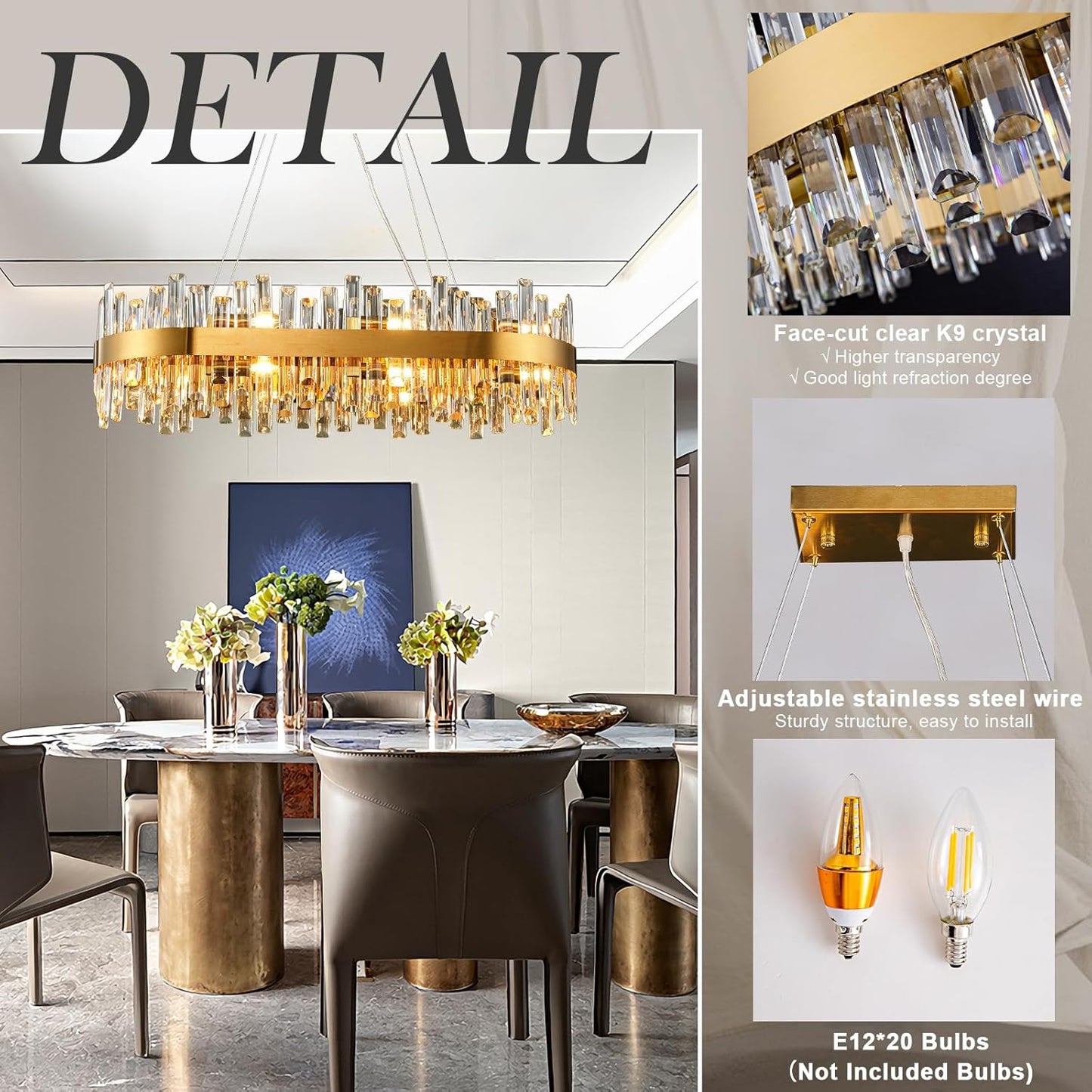 Farmhouse 35.4 in. 16-Light Gold Chandelier, Modern Rectangular K9 Crystal Chandelier for Dining Room, Kitchen Island