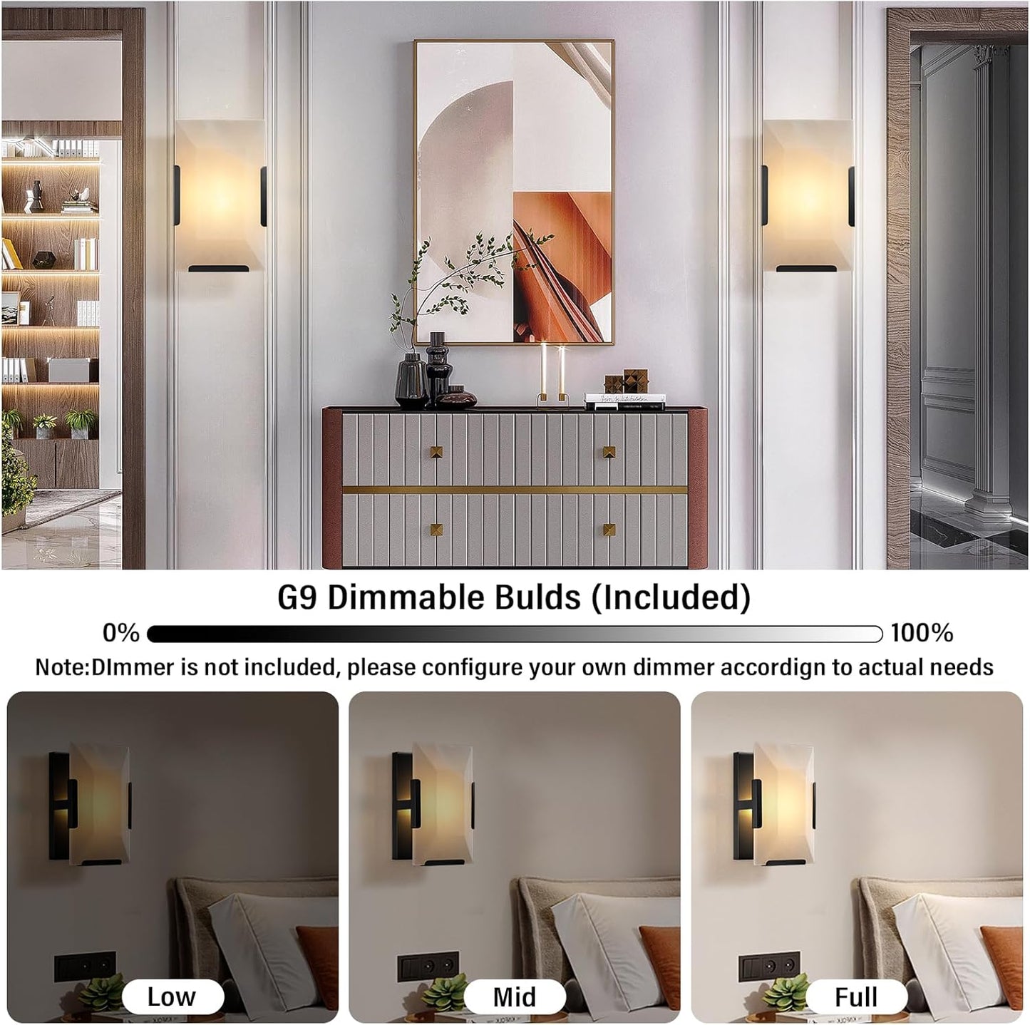 9.8 in. 1-Light 2-Piece Black Wall Sconce, Natural Alabaster Wall Lighting for Living Room, Bathroom, Hallway, Bedroom
