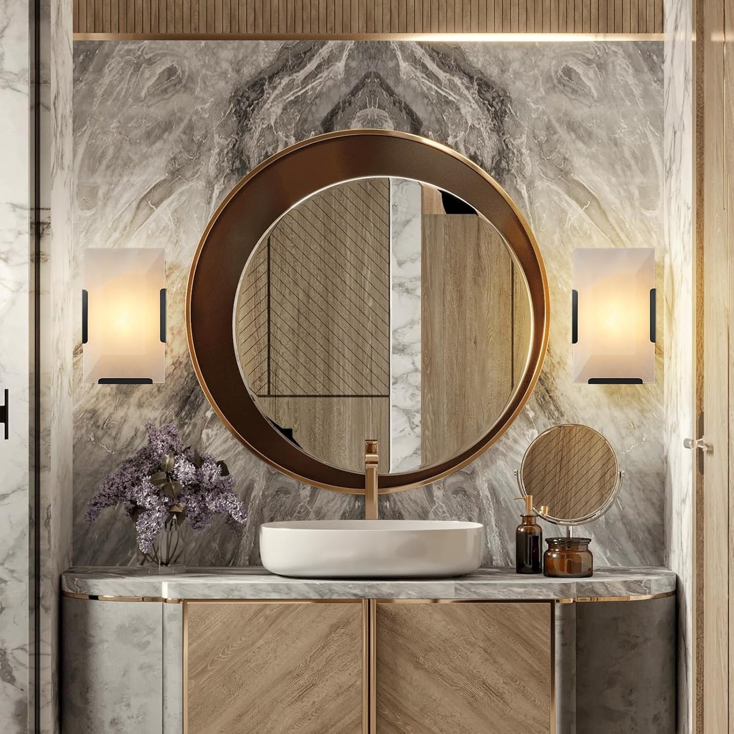 9.8 in. 1-Light 2-Piece Black Wall Sconce, Natural Alabaster Wall Lighting for Living Room, Bathroom, Hallway, Bedroom