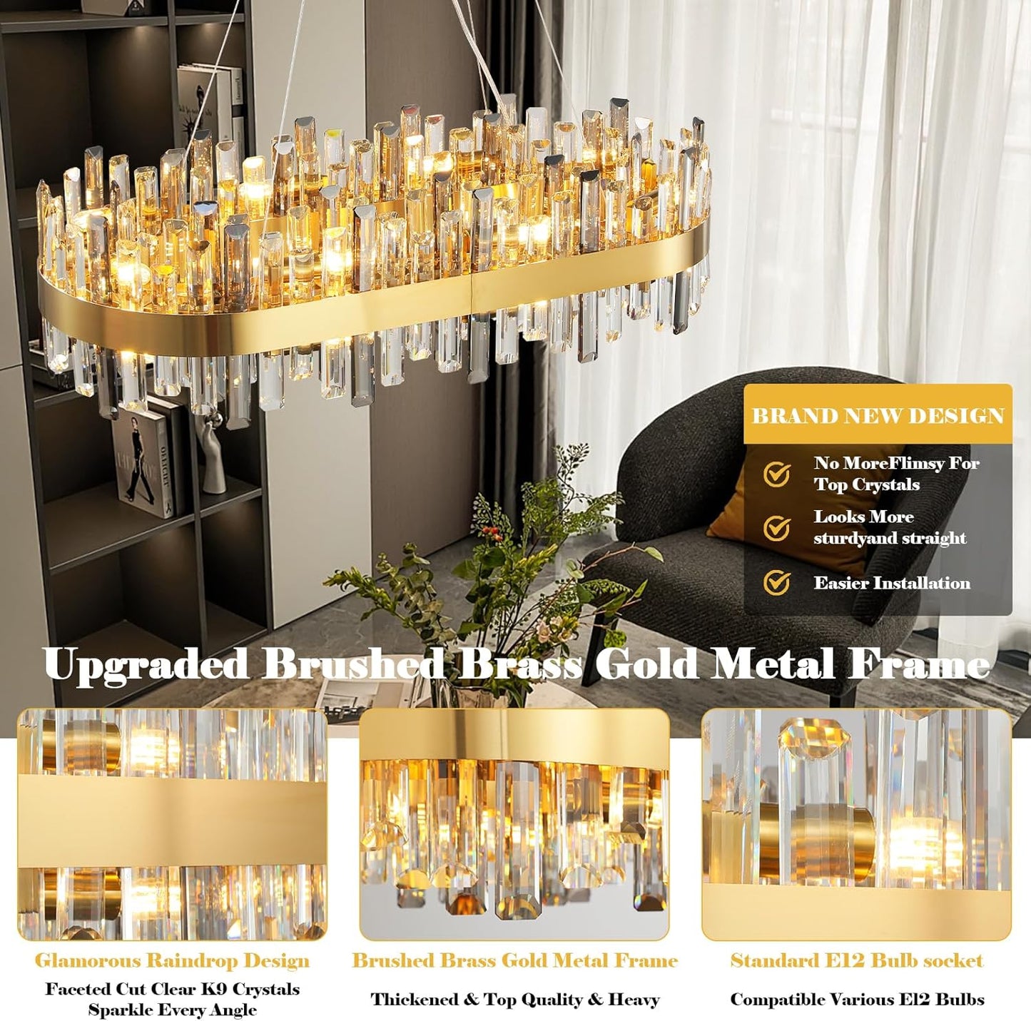 35.4 in. 16-Light Gold Crystal Chandelier, Modern Rectangular K9 Crystal Hanging Pendant Ceiling Light Fixture