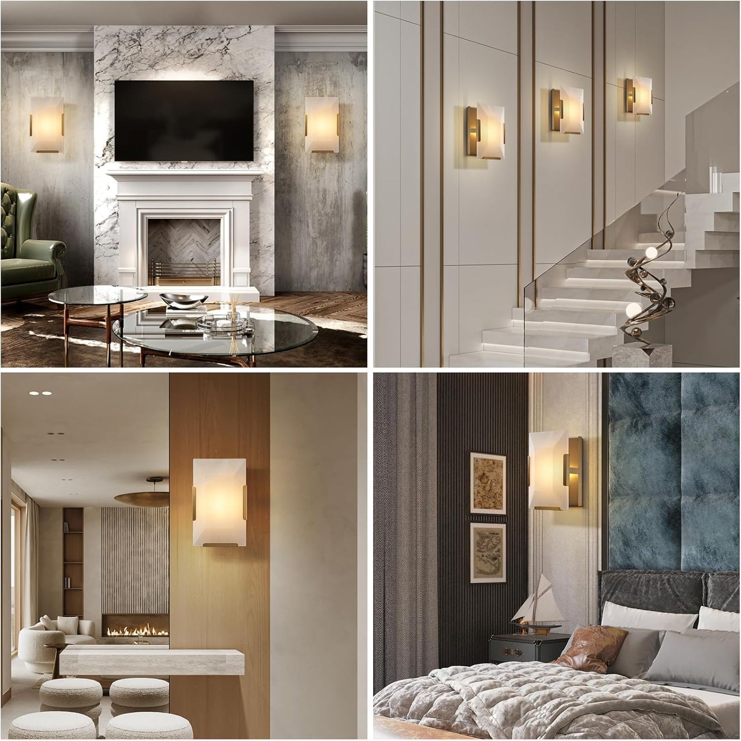 9.8 in. 1-Light 2-Piece Gold Wall Sconce, Natural Alabaster Wall Lighting for Living Room, Bathroom, Hallway, Bedroom