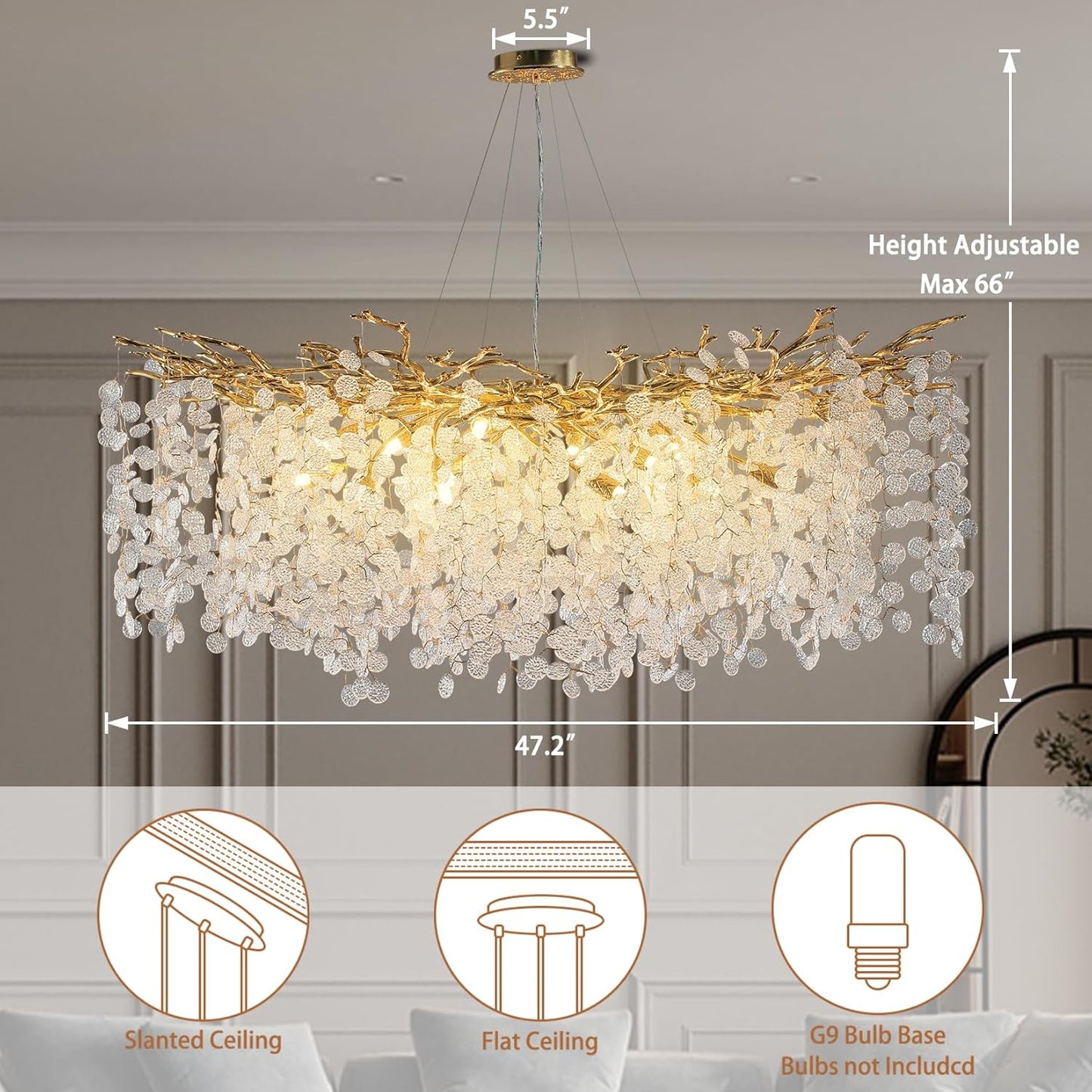 Modern Chandelier 47.2 in.18-Lights Gold Crystal Globe Chandelier for Dining Room, Living Room, Kitchen Island, Foyer