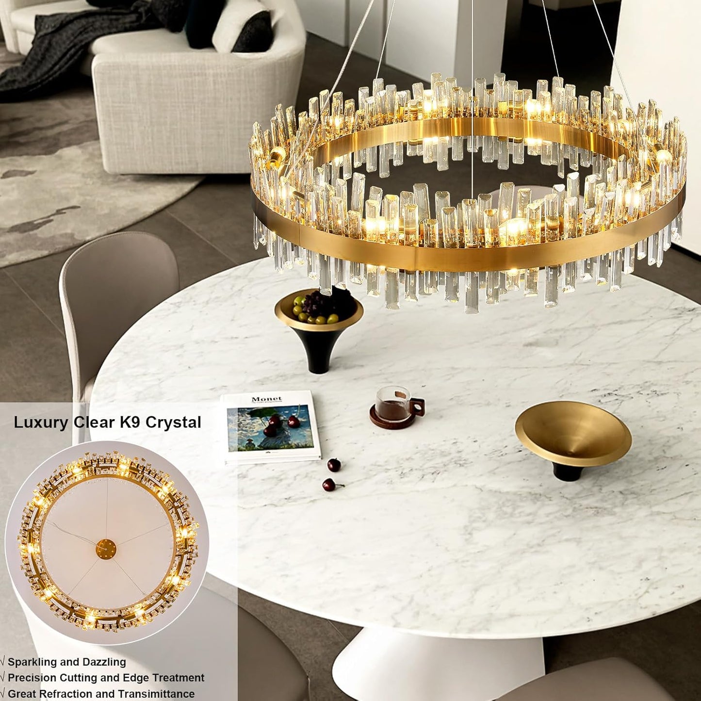 31.5 in. 16-Light Gold Crystal Chandelier, Modern Round K9 Crystal Hanging Pendant Ceiling Light Fixture