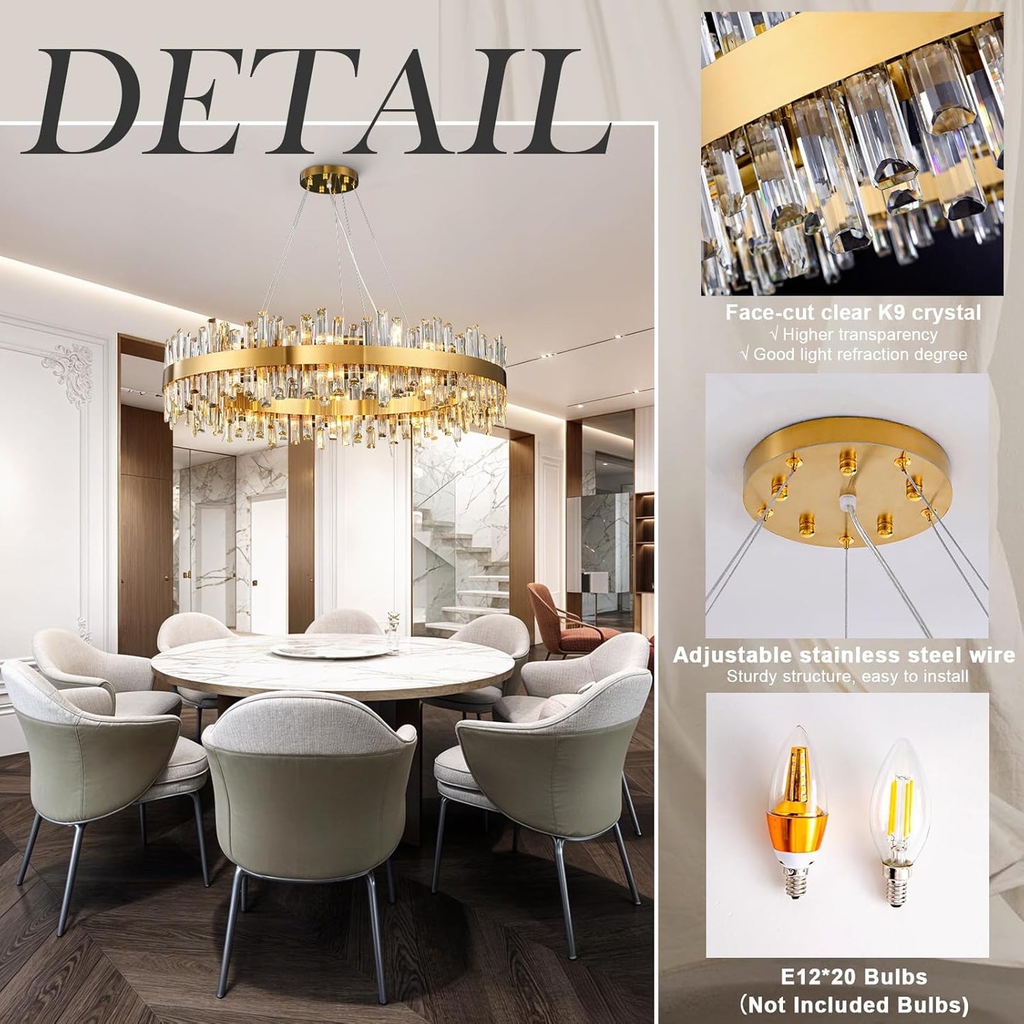 31.5 in. 16-Light Gold Crystal Chandelier, Modern Round K9 Crystal Hanging Pendant Ceiling Light Fixture