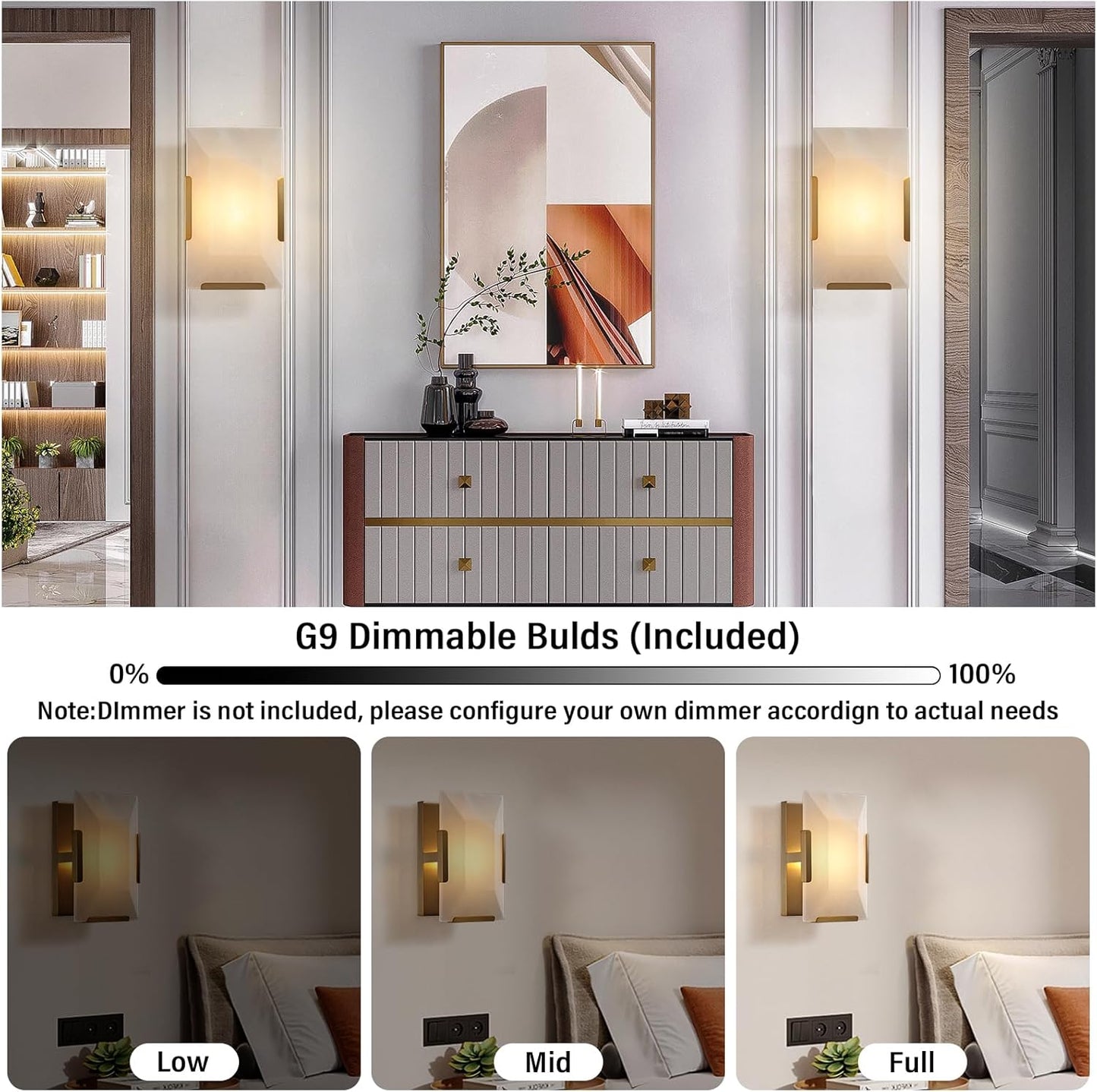 9.8 in. 1-Light 2-Piece Gold Wall Sconce, Natural Alabaster Wall Lighting for Living Room, Bathroom, Hallway, Bedroom
