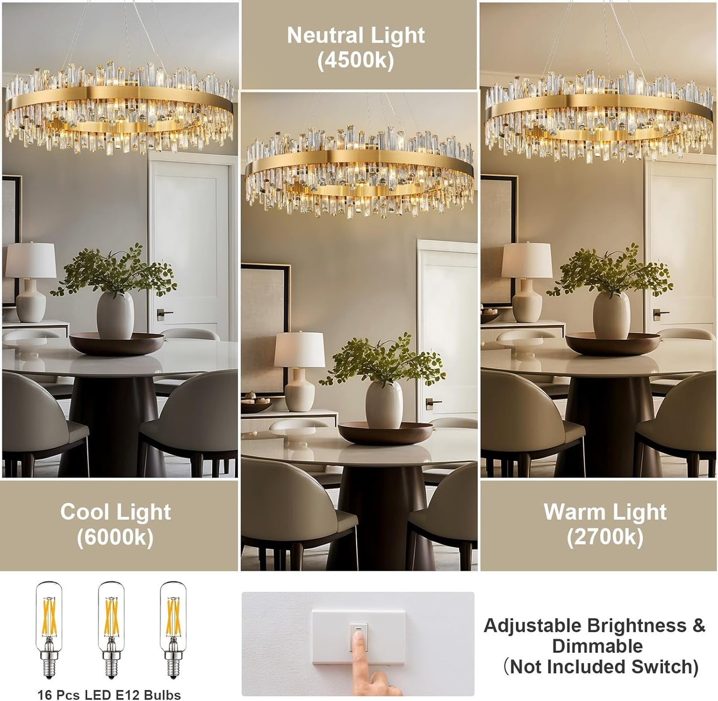 31.5 in. 16-Light Gold Crystal Chandelier, Modern Round K9 Crystal Hanging Pendant Ceiling Light Fixture