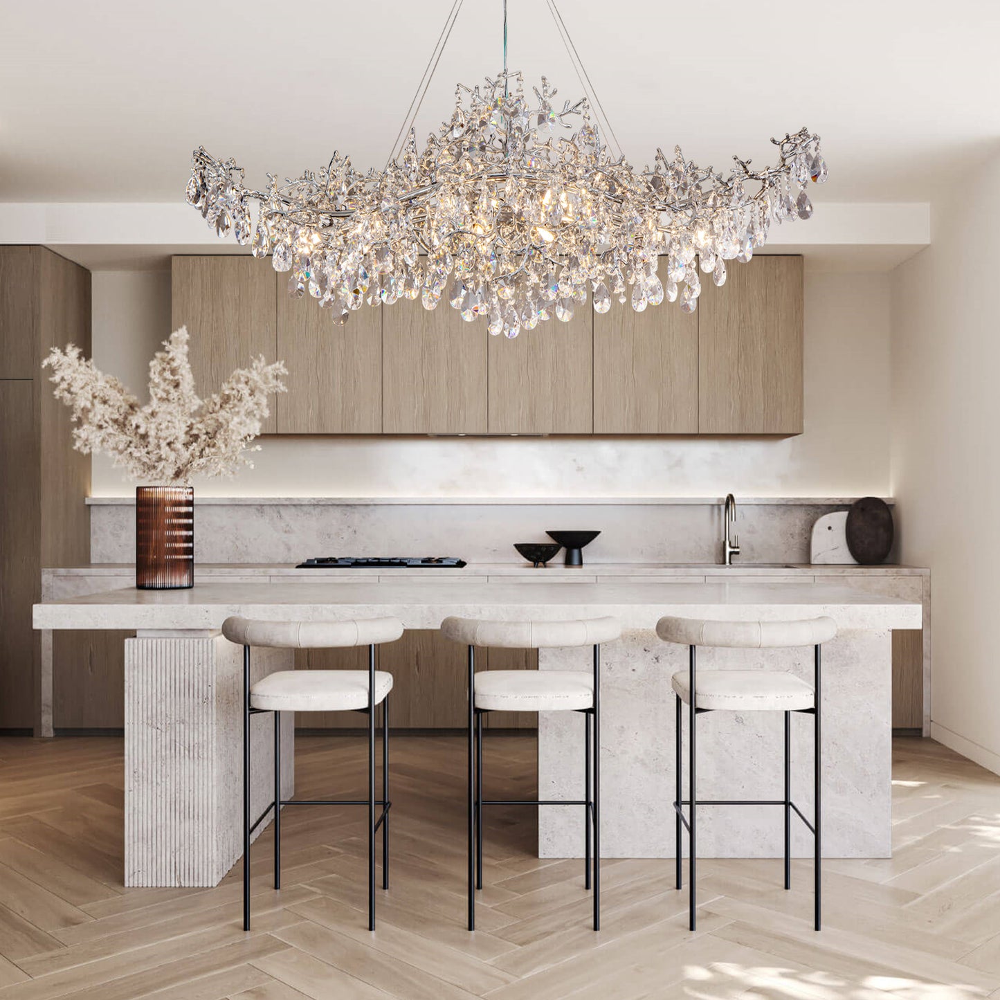 47.2" 14-Lights Silver Luxury Crystal Linear Chandelier, Modern Branch Chandelier for Dinning Room, Kitchen, Living Room