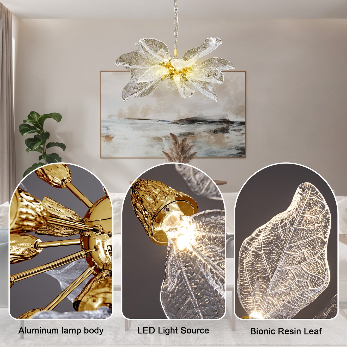 D23 in. 16-Light Gold Modern Chandelier, Crystal Leaf Chandelier for Bedroom, Dining Room, Living Room, Foyer