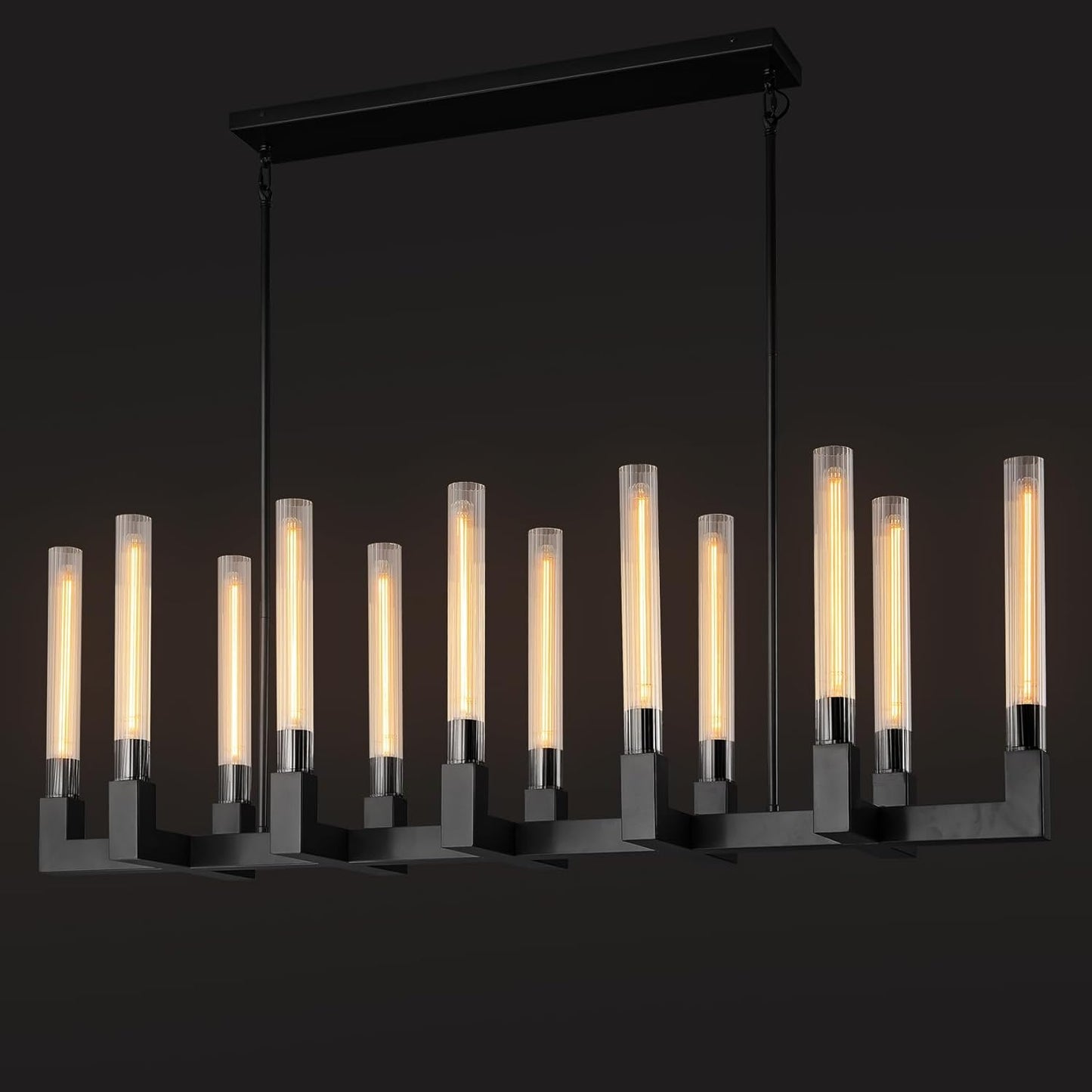 12-Light Black Candlestick Chandelier, Modern Chandelier with Glass Shade, Retangular Luxurious Ceiling Pendant Light