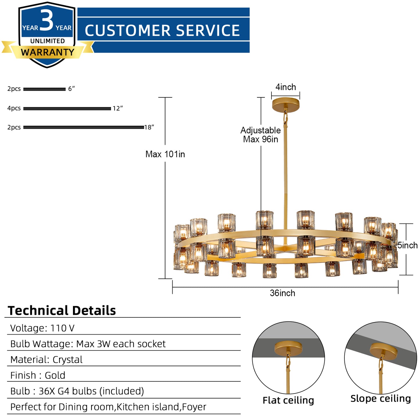 36-Light Gold Round Chandelier, 36 in. Modern K9 Crystal Chandelier for Dining Room, Living Room, Foyer