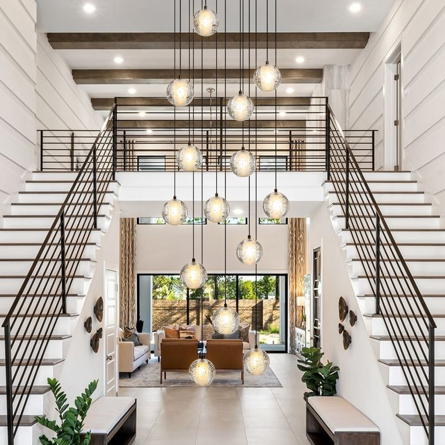 120 in. H 14-Light Black Staircase Chandelier Modern Pendant Light w/Glass Shade for High Ceiling Living Room EntryFoyer