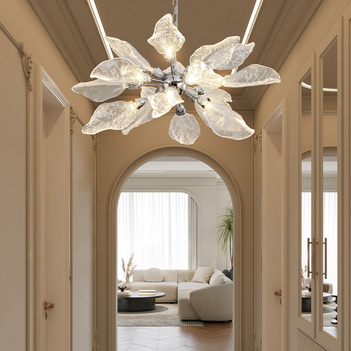 D31.5 in. 18-Light Silver Modern Chandelier, Crystal Leaf Chandelier for Bedroom, Dining Room, Living Room, Foyer