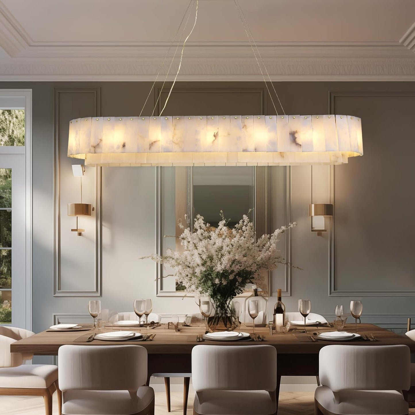 12-Light White Alabaster Chandelier, Adjustable Modern Rectangle Chandelier for Dining Room, Living Room, Kitchen Island