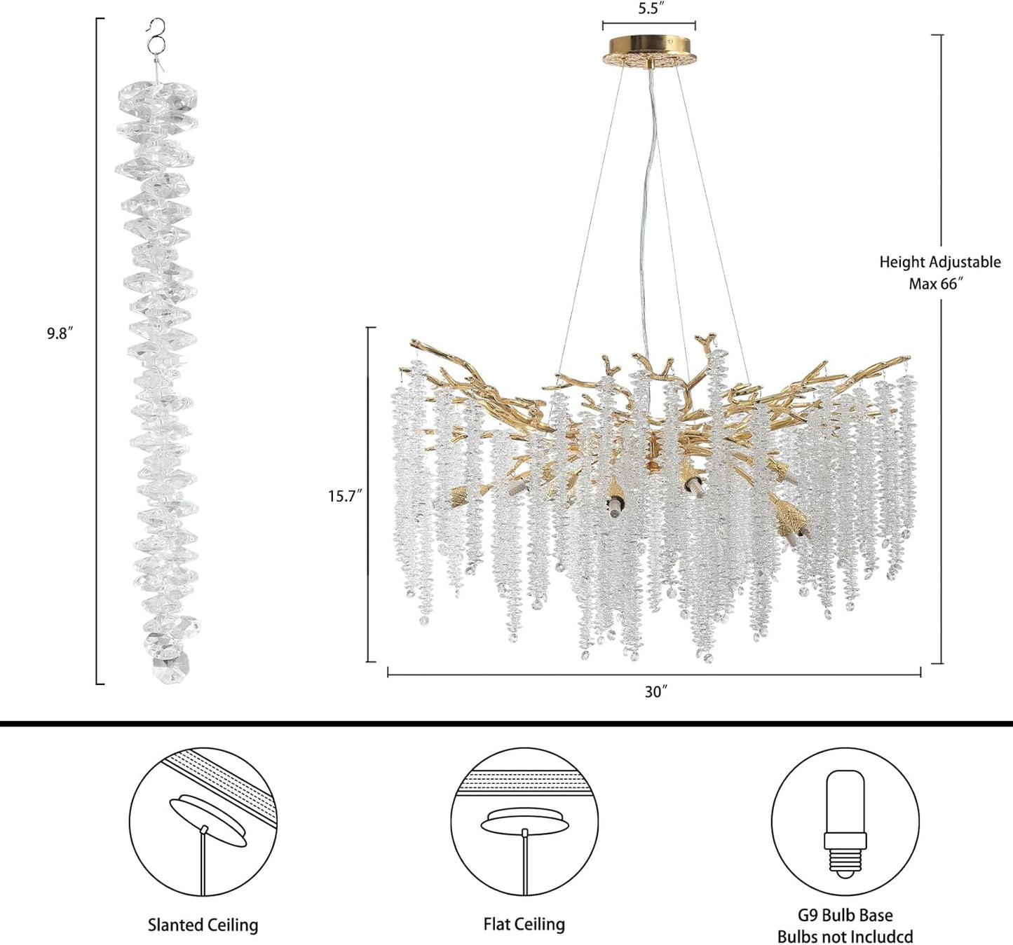 30in. 10-Light Modern Crystal Chandelier, Gold Round Luxury Tree Branch Chandelier for Dining Room, Living Room, Bedroom