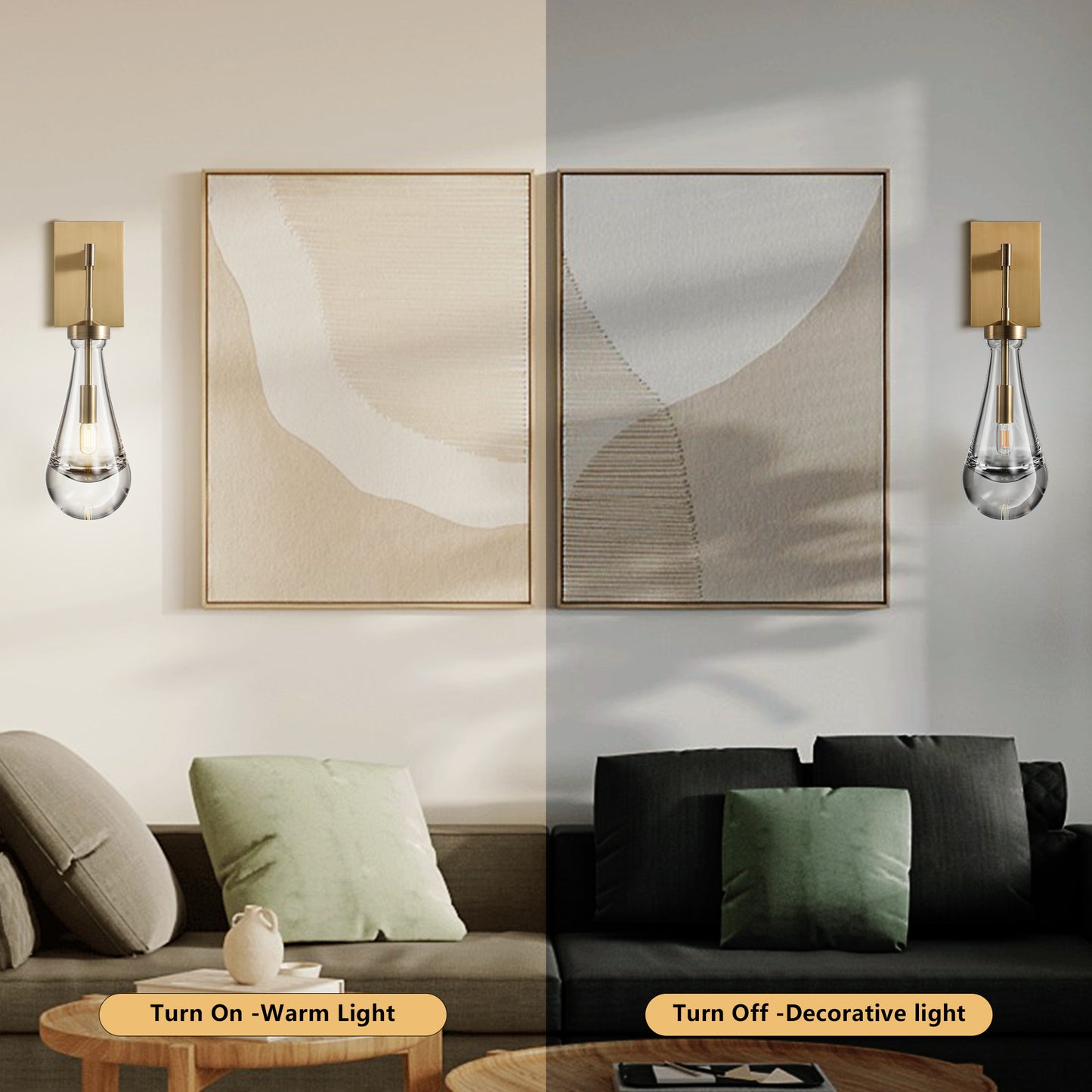 17.7 in. 1-Light Gold Wall Sconce, Raindrop Wall Lighting with Hand Blown Solid Glass, Brass Base and Rod (2-Sets)
