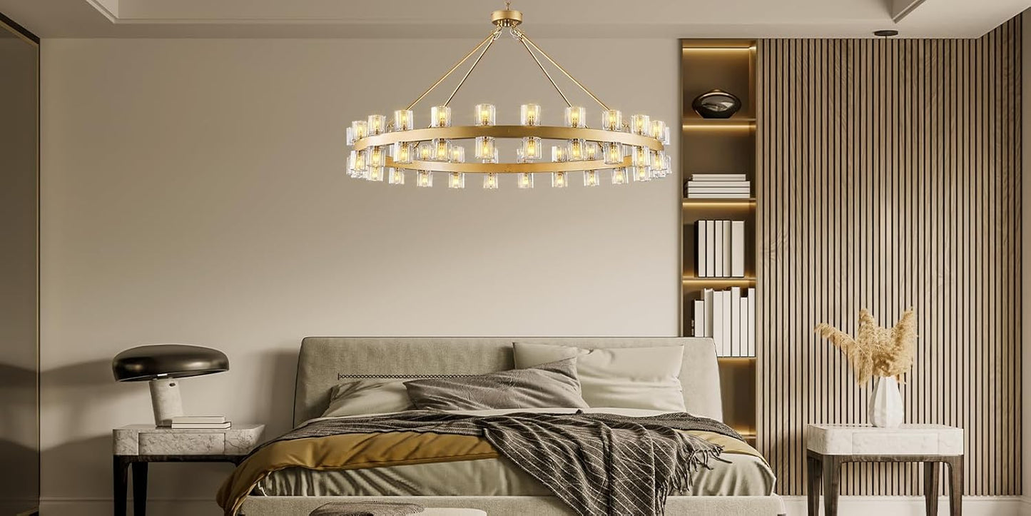 48-Light Gold Round Chandelier, 48 in. Modern K9 Crystal Chandelier for Dining Room, Living Room, Foyer