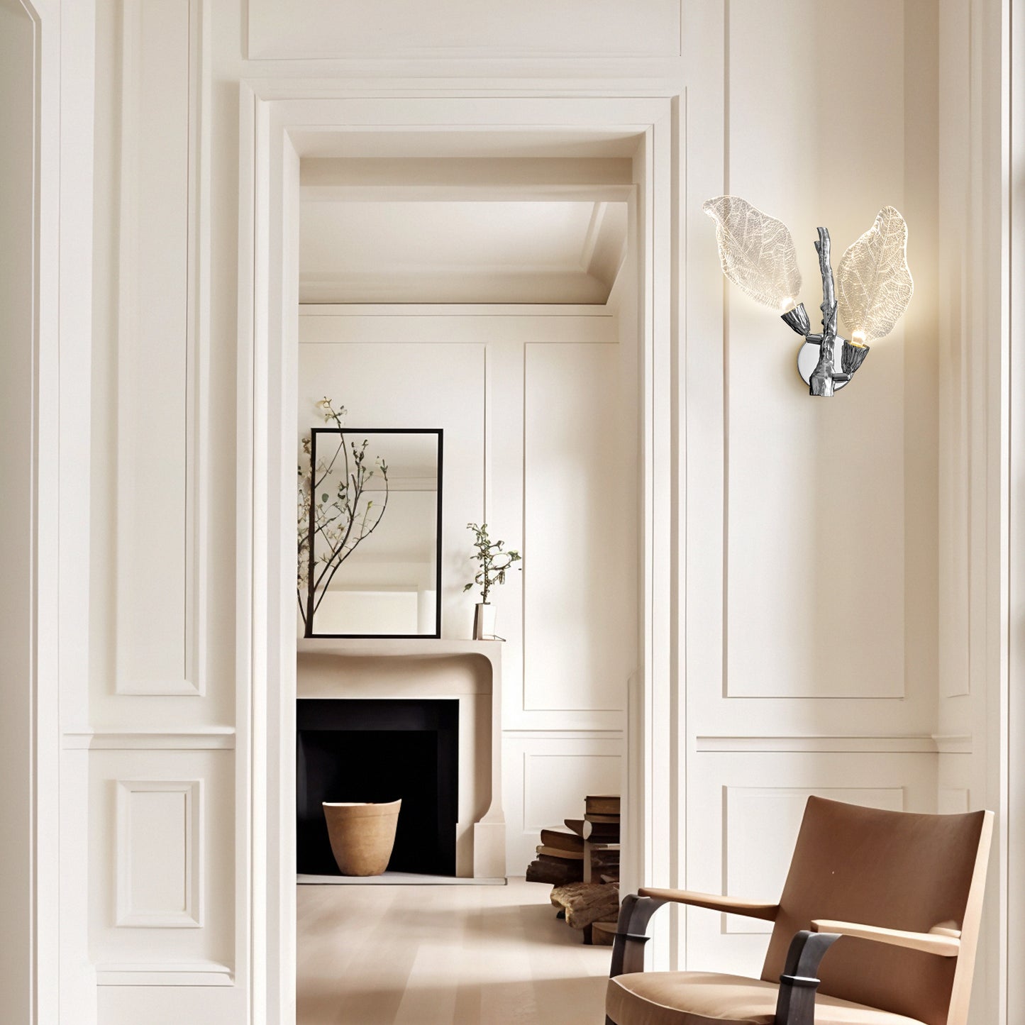 2-Light Silver Bionic Leaf Wall Sconce, LED Vanity Lighting Fixtures for Bathroom Hallway, Living Room, Stairs