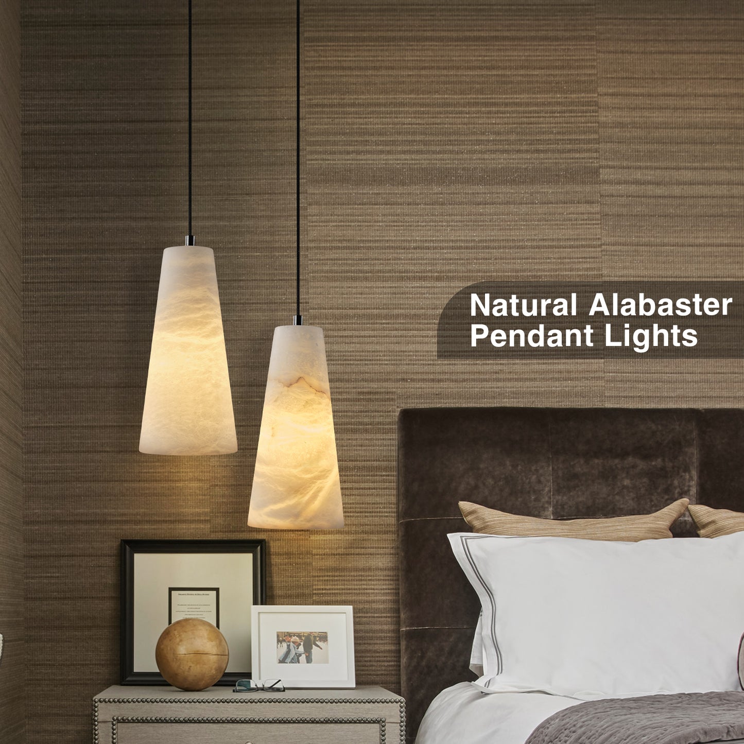 1-Light Black Pendant Light, Conical Natural Alabaster Shade Pendant Light for Dining Room, Kitchen Island Bulb Included