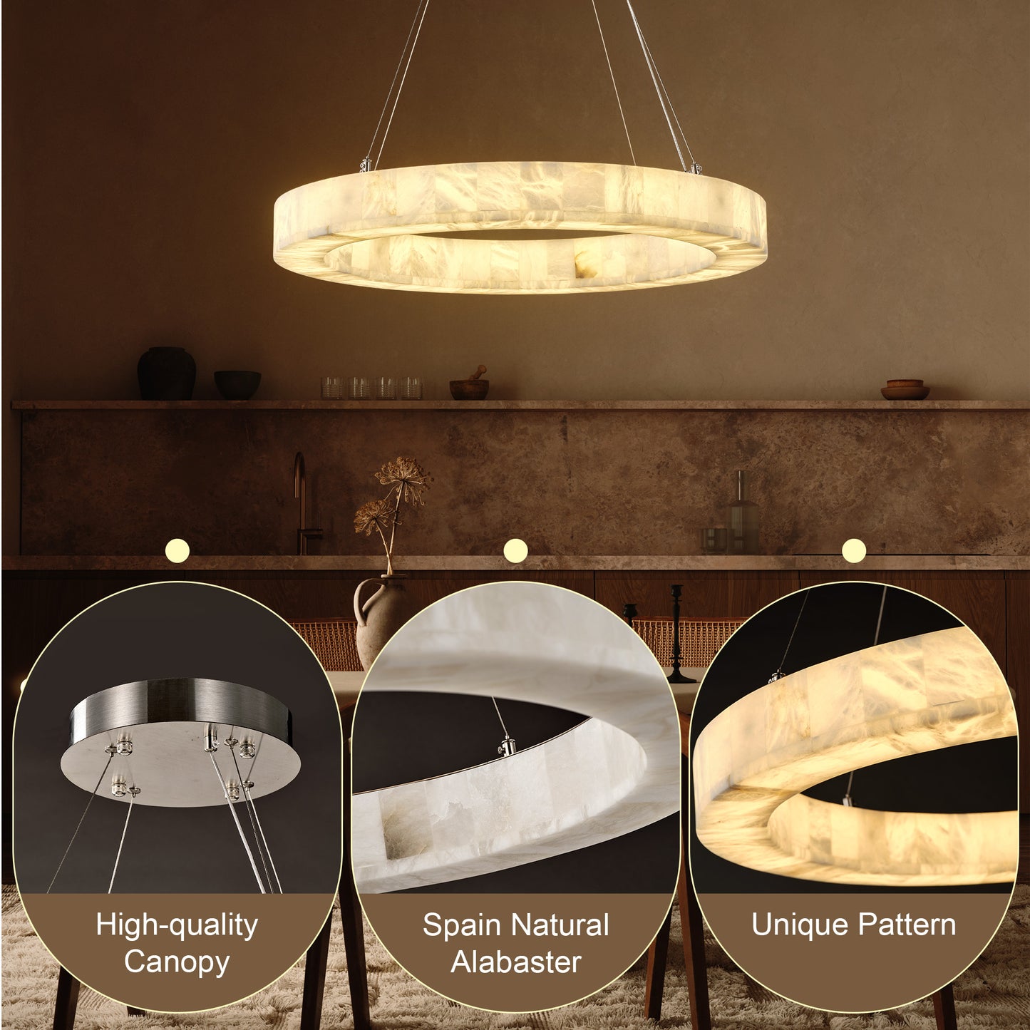Modern Alabaster Chandelier 30 in. 1-Light Integrated LED White Round Chandelier for Living Room, Enterway, Foyer