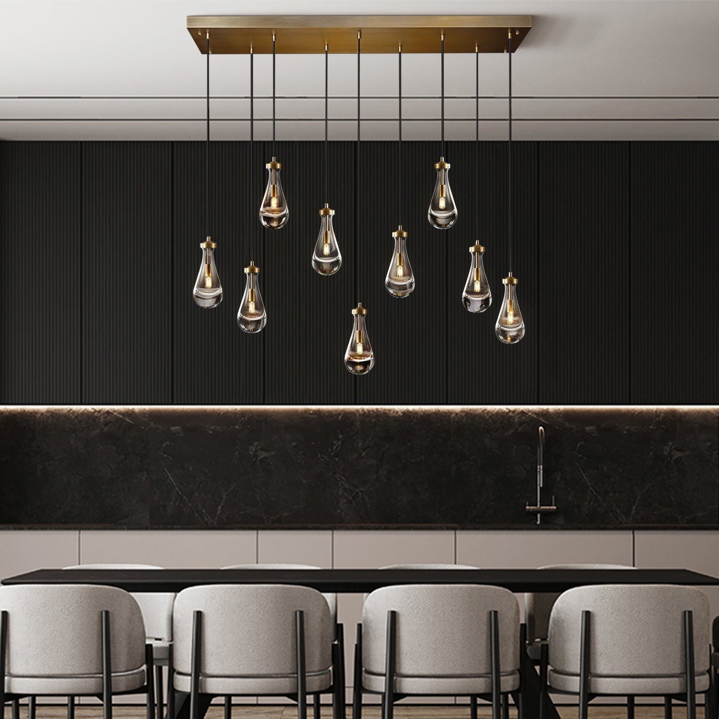 9-Light Gold Raindrop Chandelier, Modern Glass Pendant Light for Living Room, Kitchen Island, Bulb Included