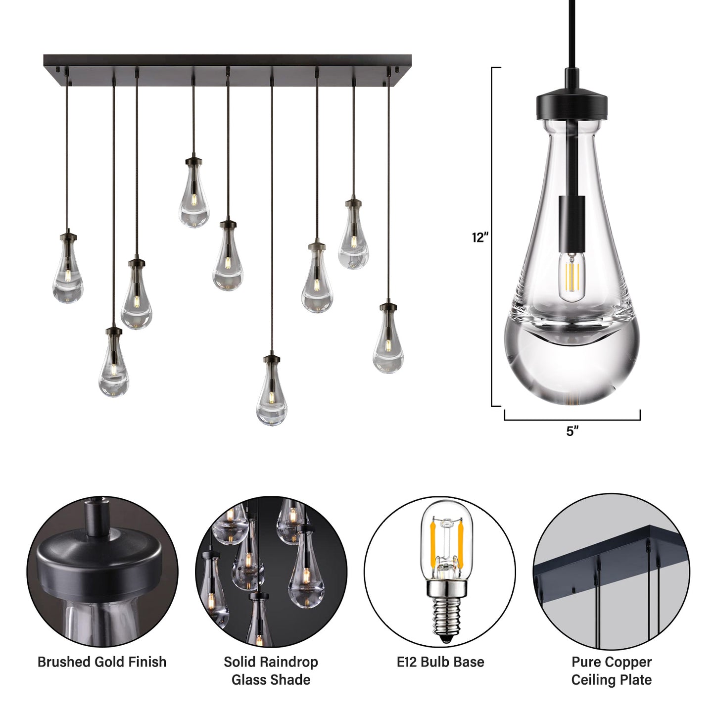 9-Lights Black Raindrop Chandelier, Modern Glass Pendant Light for Living Room, Kitchen Island, Bulb Included