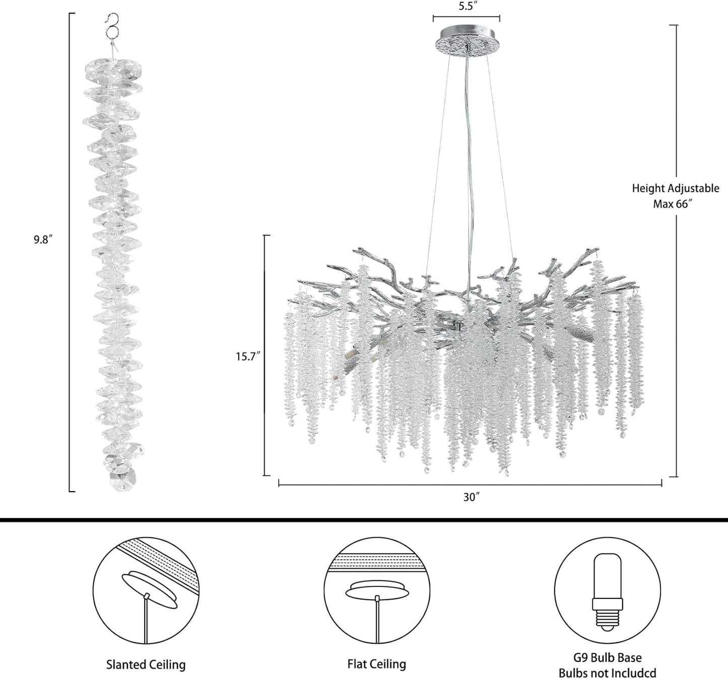 30 in. 10 Light Modern Crystal Chandelier,Silver Round Luxury Tree Branch Chandelier for Dining Room,Living Room,Bedroom