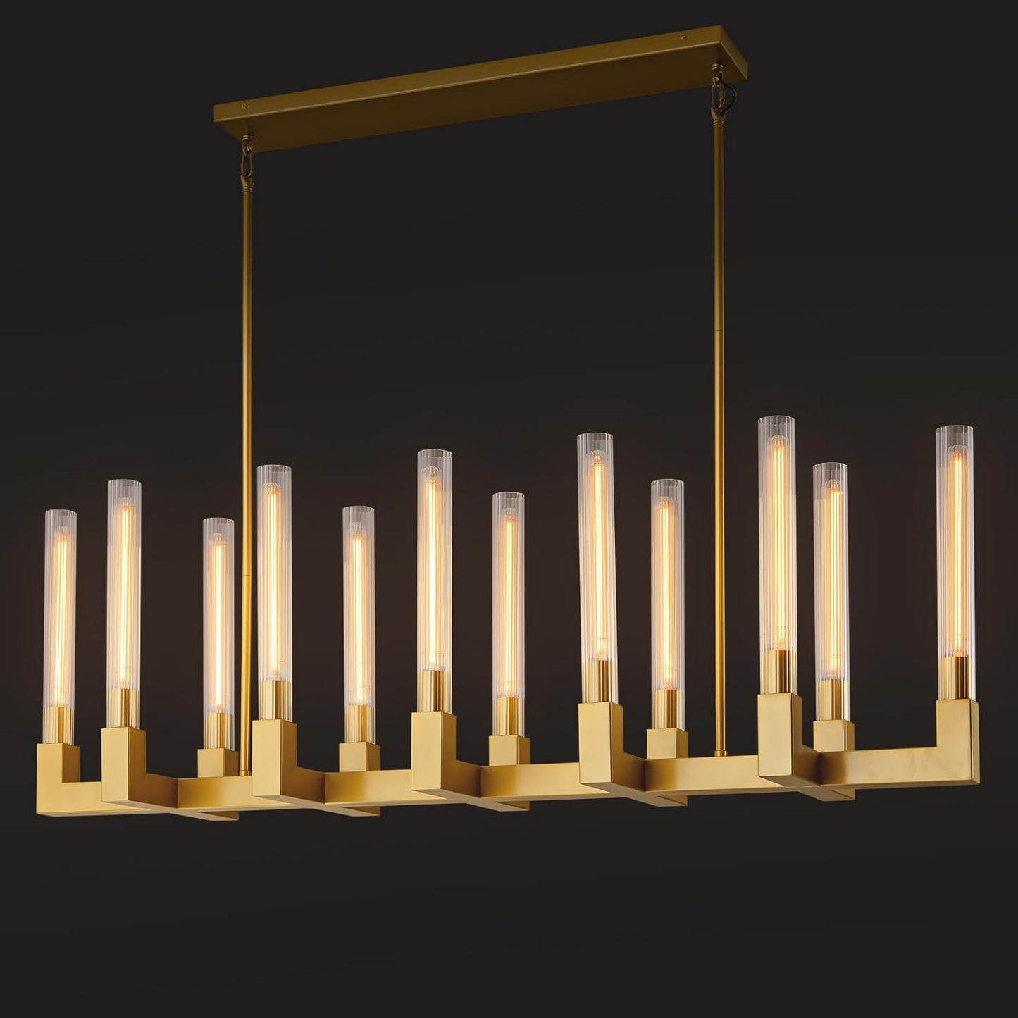 12-Light Copper Candlestick Chandelier, Modern Chandelier with Glass Shade, Retangular Luxurious Ceiling Pendant Light