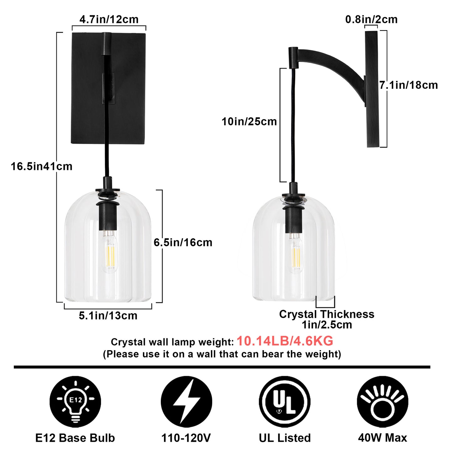5.1in W 16.5 in. H 1-Light Black Modern Crystal Wall Sconce, Indoor Hemisphere Wall Lighting with Clear Crystal Shade