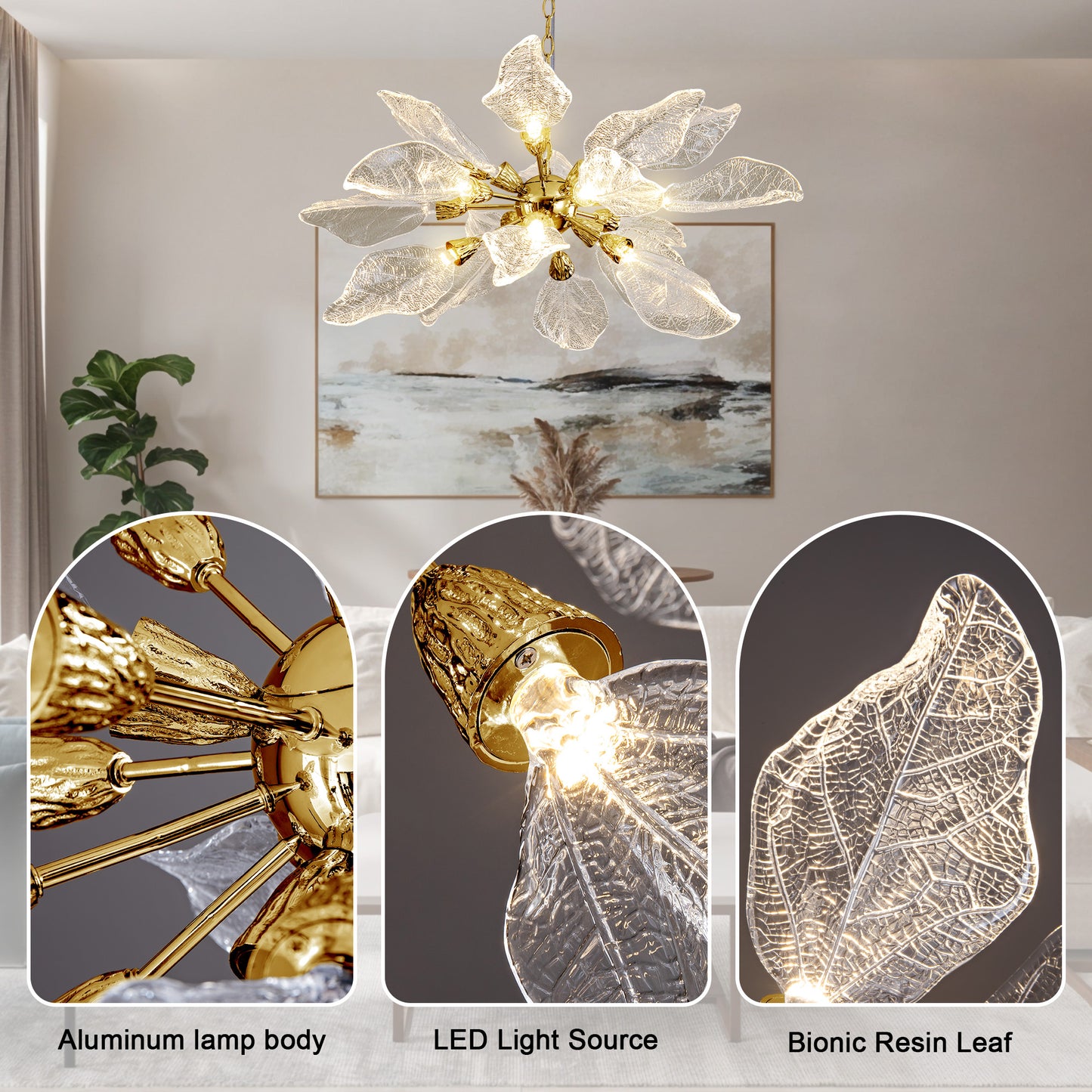 D31.5 in. 18-Light Gold Modern Chandelier, Crystal Leaf Chandelier for Bedroom, Dining Room, Living Room, Foyer