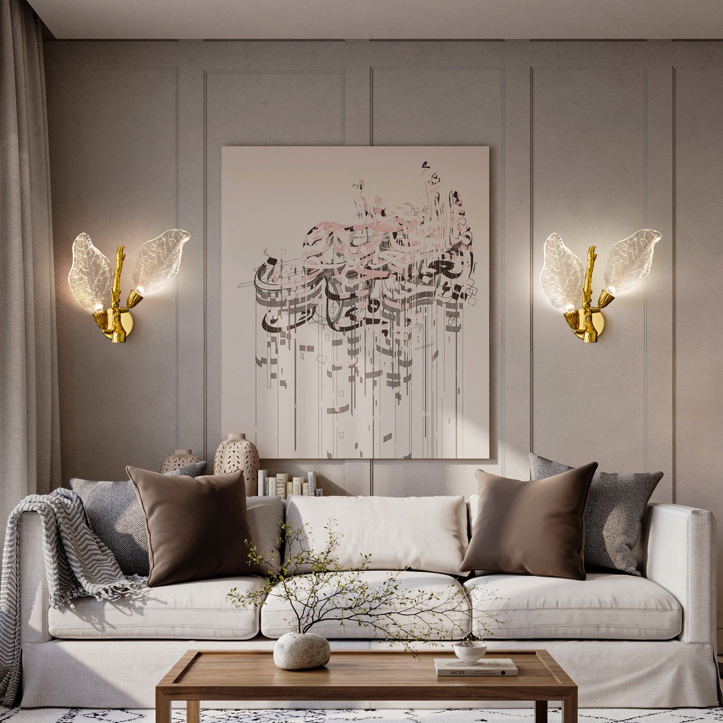 2-Light Gold Bionic Leaf Wall Sconce, LED Vanity Lighting Fixtures for Bathroom Hallway, Living Room, Stairs