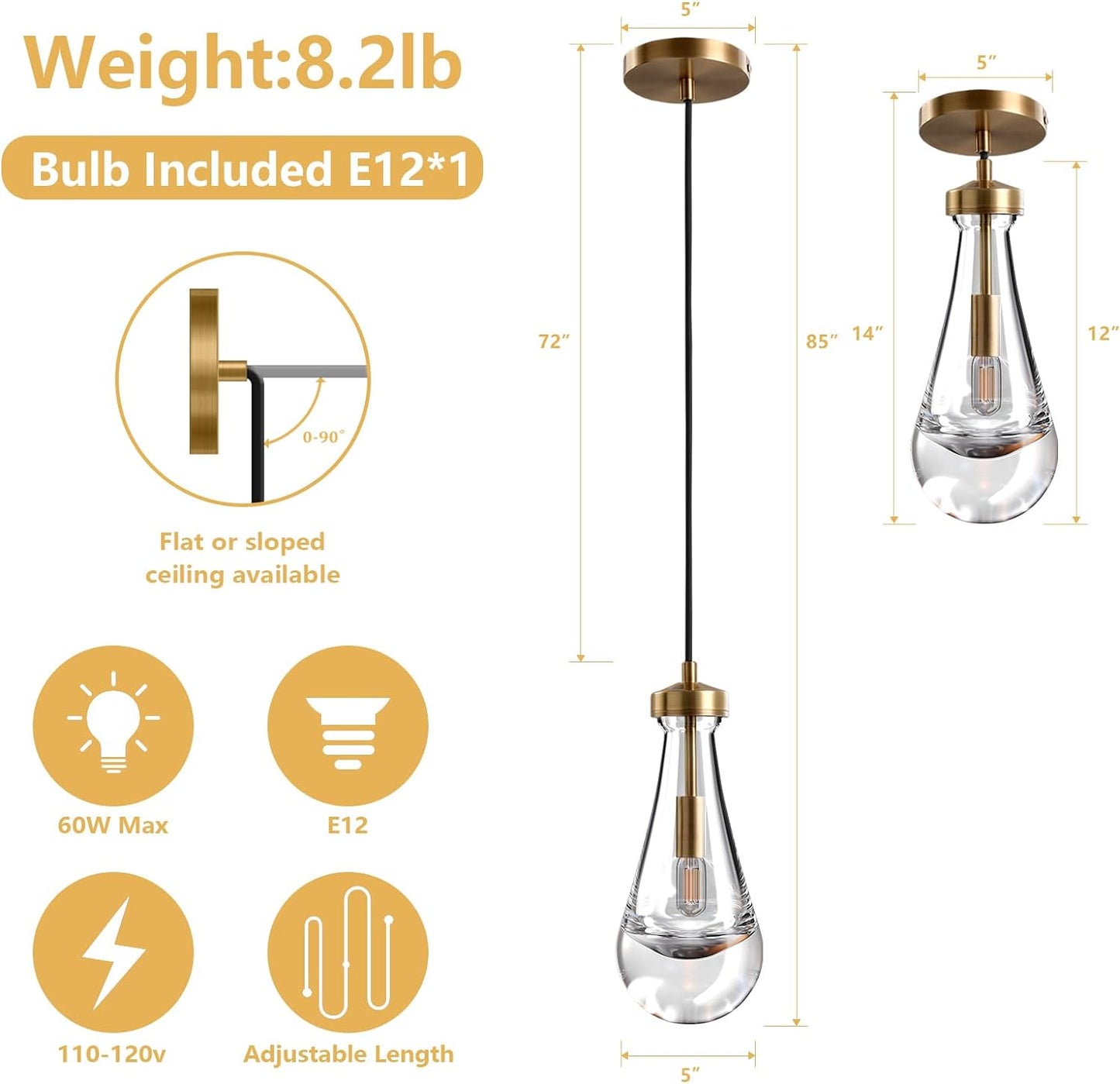 1-Light Modern Copper Chandelier, Pendant Light Kitchen Island with Raindrop Glass Shade, 1-Set