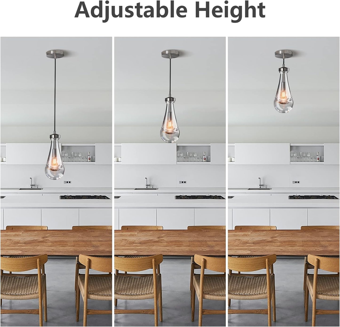 1-Light Modern Silver Chandelier, Pendant Light Kitchen Island with Raindrop Glass Shade (2-Sets)