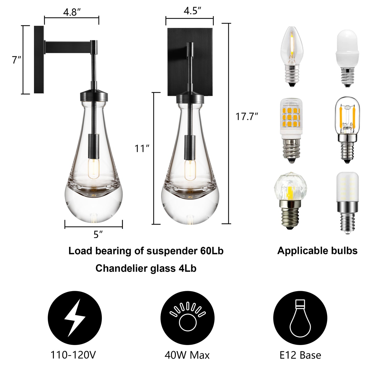 17.7 in. 1-Light Black Wall Sconce, Raindrop Wall Lighting with Hand Blown Solid Glass, Brass Base and Rod (2-Sets)