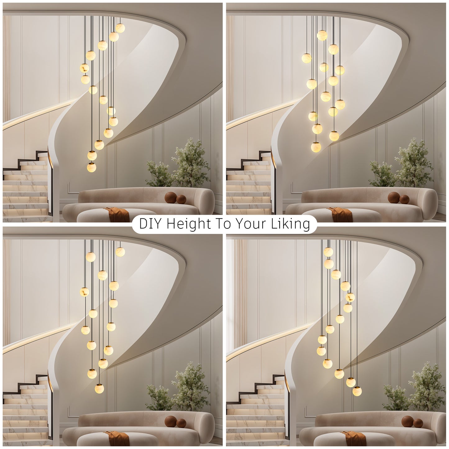 Modern 138 in. H 14-Light Gold Globe Staircase Chandelier, Natural Alabaster Chandelier for High Ceiling, Foyer, Entry