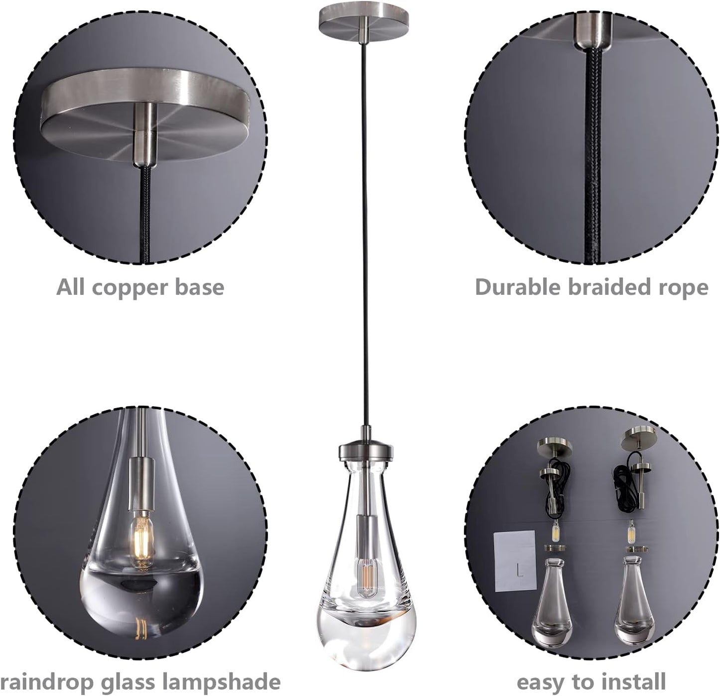 1-Light Modern Silver Chandelier, Pendant Light Kitchen Island with Raindrop Glass Shade (2-Sets)