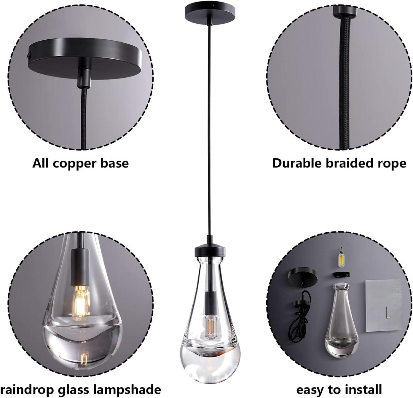 1-Light Modern Black Chandelier, Pendant Light Kitchen Island with Raindrop Glass Shade, (1-Set)